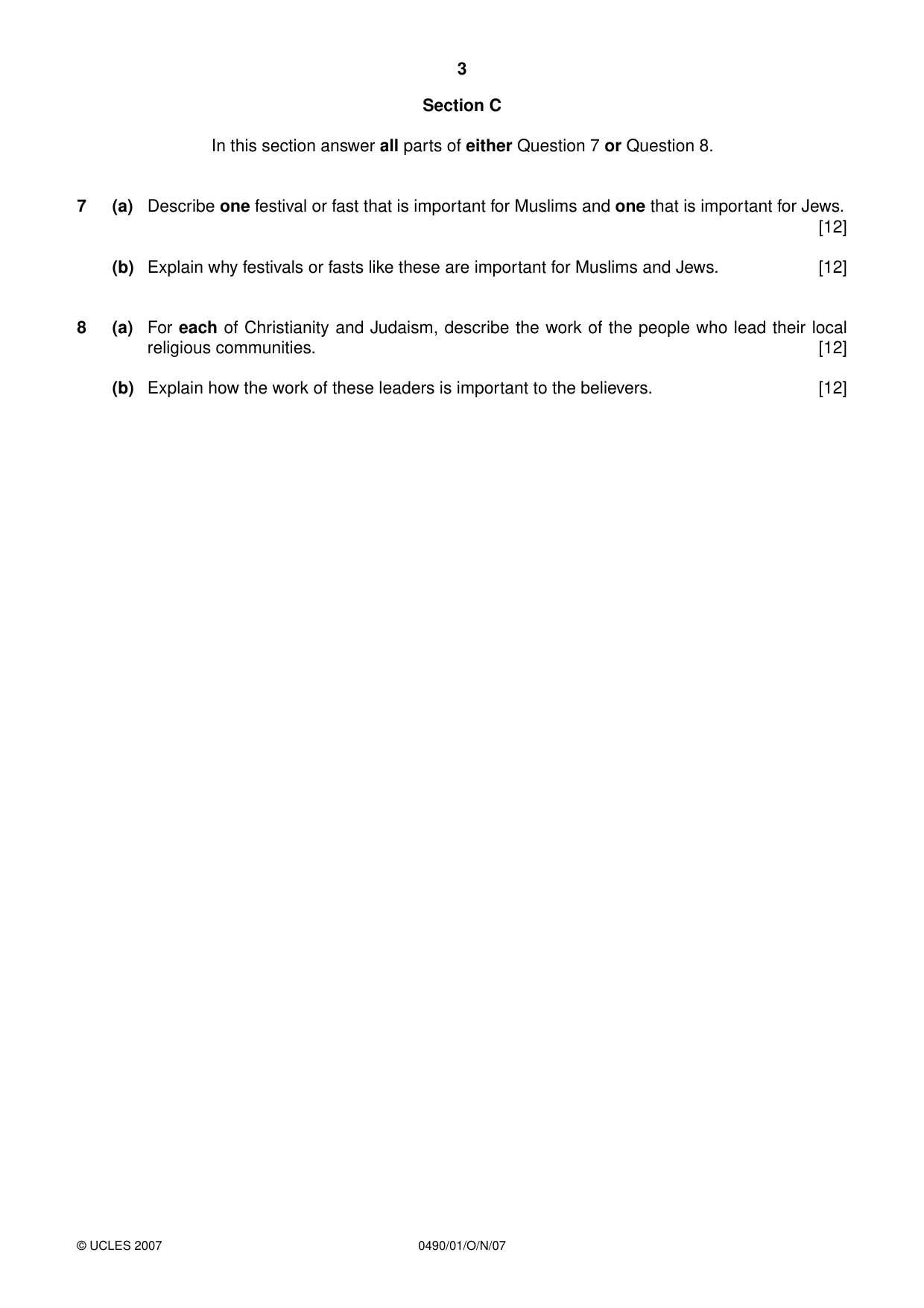 Cambridge IGCSE Religious Studies 0490 2007 Oct/Nov Paper 1 · Variant 1 question paper, page 3 of 4