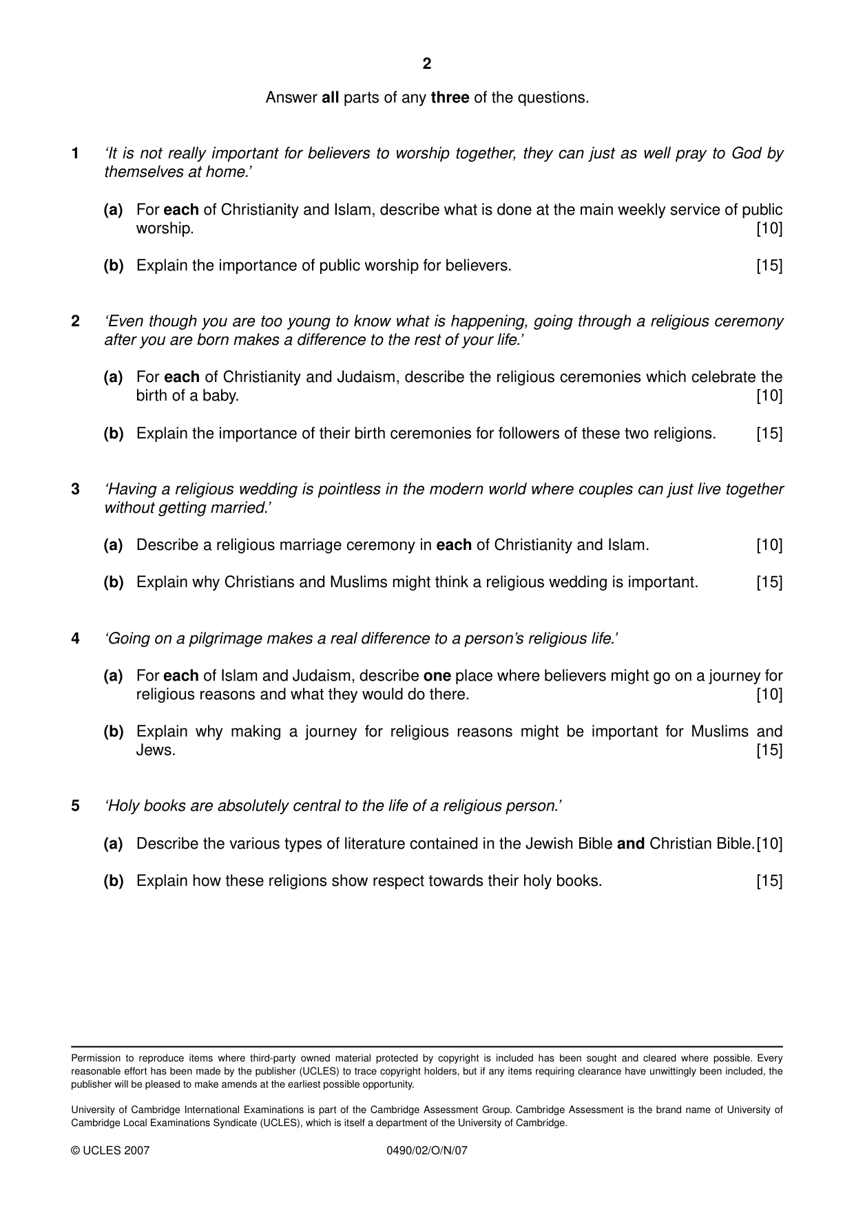 Cambridge IGCSE Religious Studies 0490 2007 Oct/Nov Paper 2 · Variant 1 question paper, page 2 of 2