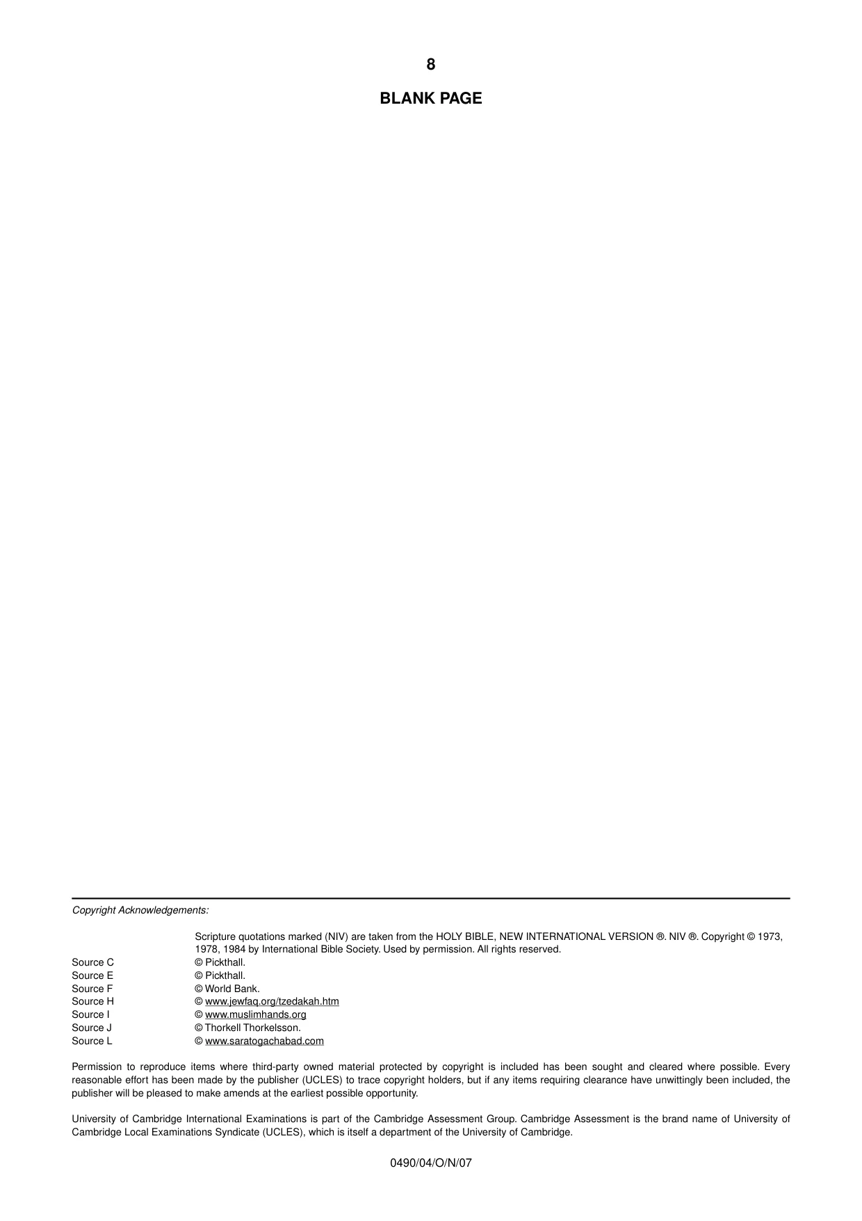 Cambridge IGCSE Religious Studies 0490 2007 Oct/Nov Paper 4 · Variant 1 question paper, page 8 of 8