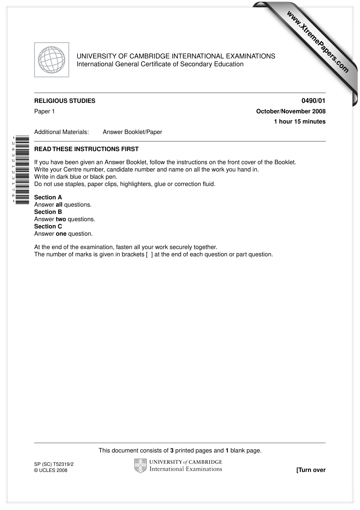 Cambridge IGCSE Religious Studies 0490 2008 Oct/Nov Paper 1 · Variant 1 question paper, page 1 of 4