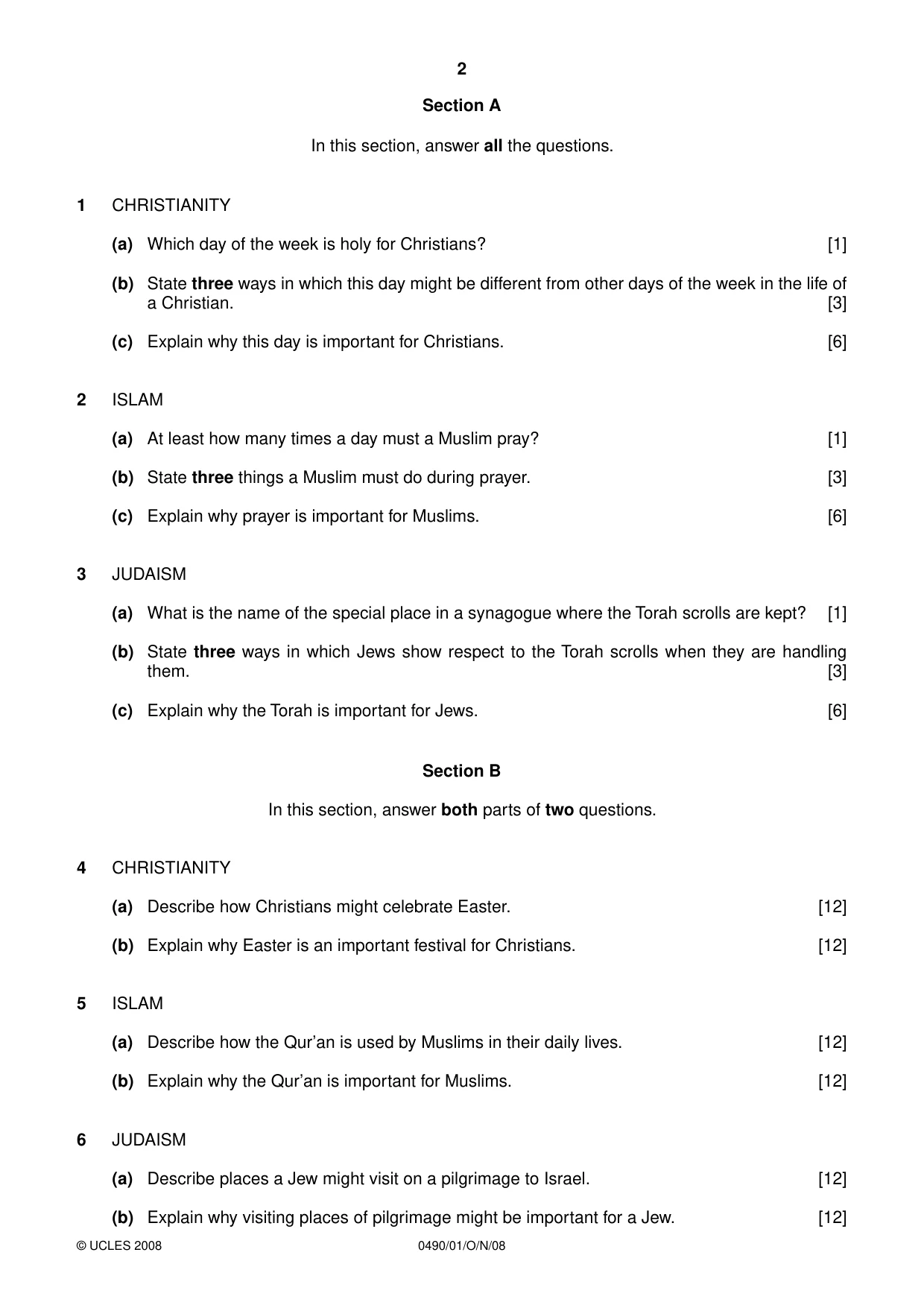 Cambridge IGCSE Religious Studies 0490 2008 Oct/Nov Paper 1 · Variant 1 question paper, page 2 of 4