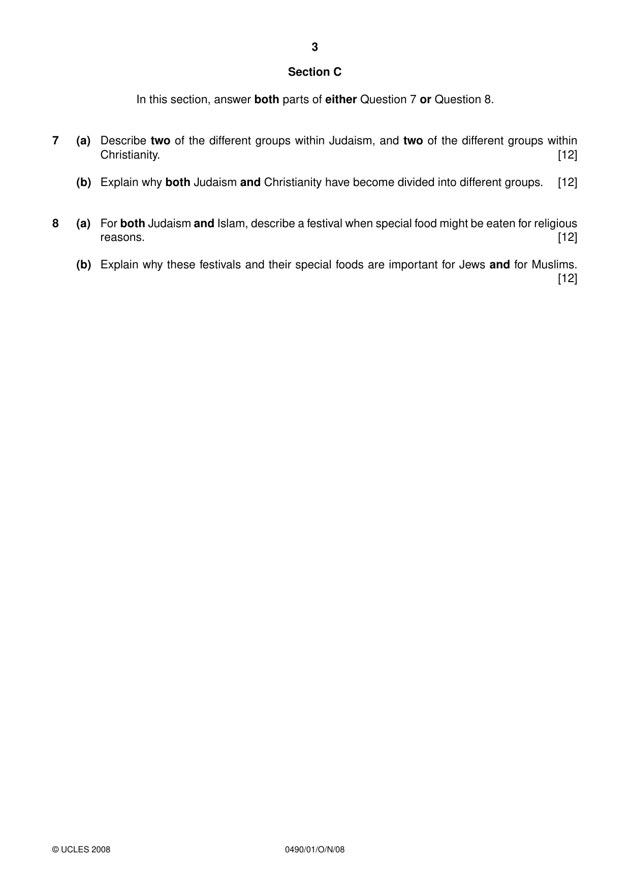 Cambridge IGCSE Religious Studies 0490 2008 Oct/Nov Paper 1 · Variant 1 question paper, page 3 of 4
