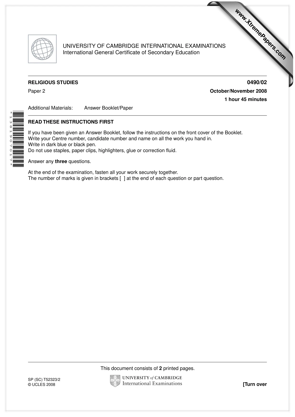 Cambridge IGCSE Religious Studies 0490 2008 Oct/Nov Paper 2 · Variant 1 question paper, page 1 of 2