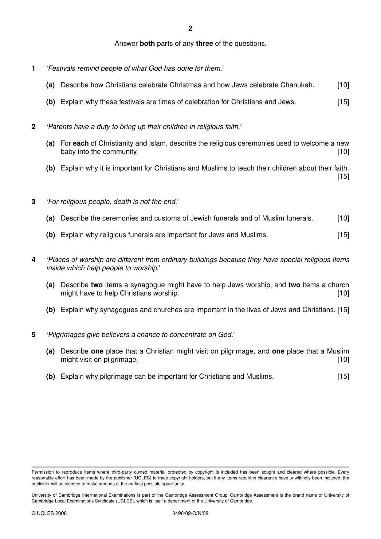 Cambridge IGCSE Religious Studies 0490 2008 Oct/Nov Paper 2 · Variant 1 question paper, page 2 of 2