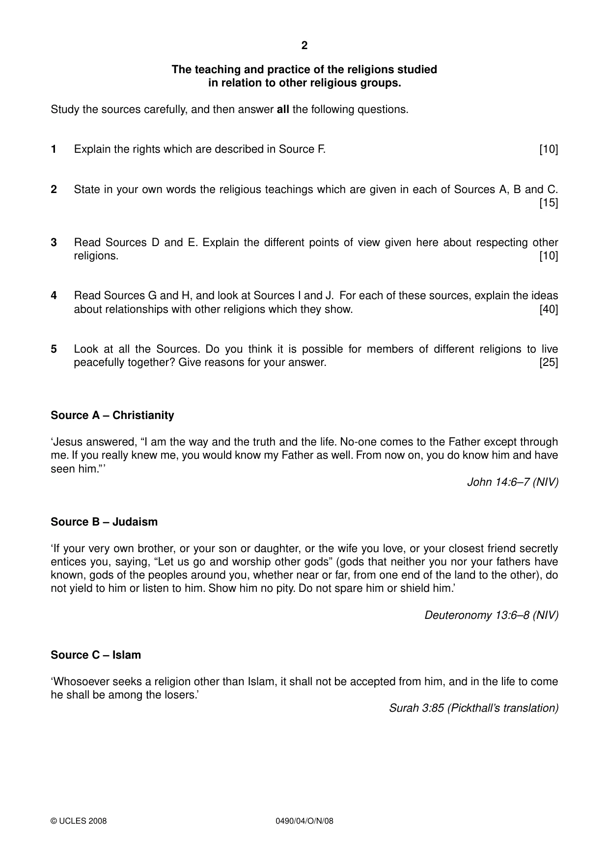 Cambridge IGCSE Religious Studies 0490 2008 Oct/Nov Paper 4 · Variant 1 question paper, page 2 of 4