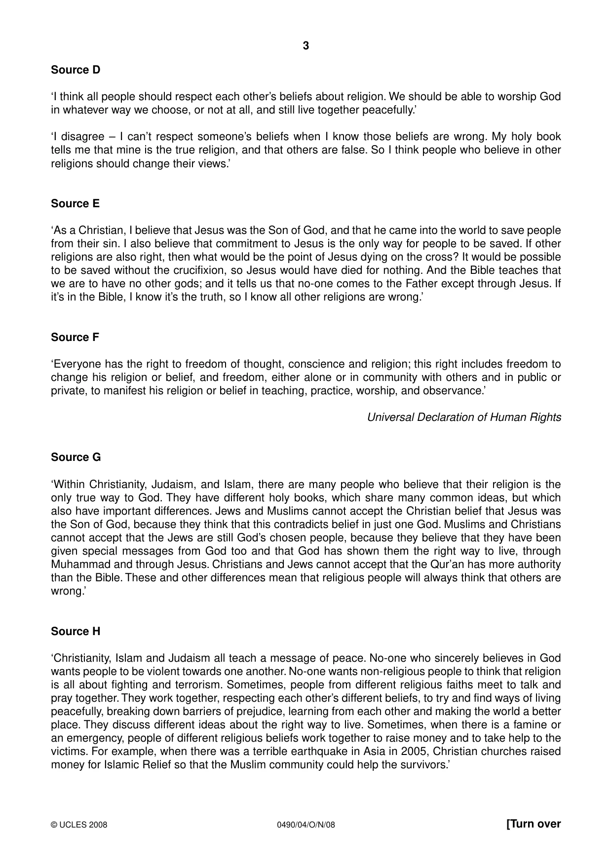 Cambridge IGCSE Religious Studies 0490 2008 Oct/Nov Paper 4 · Variant 1 question paper, page 3 of 4