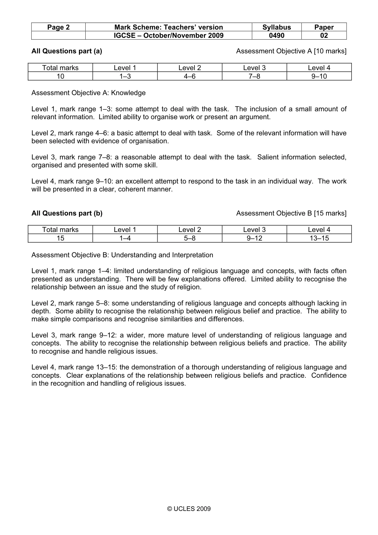Mark scheme, page 2 of 4