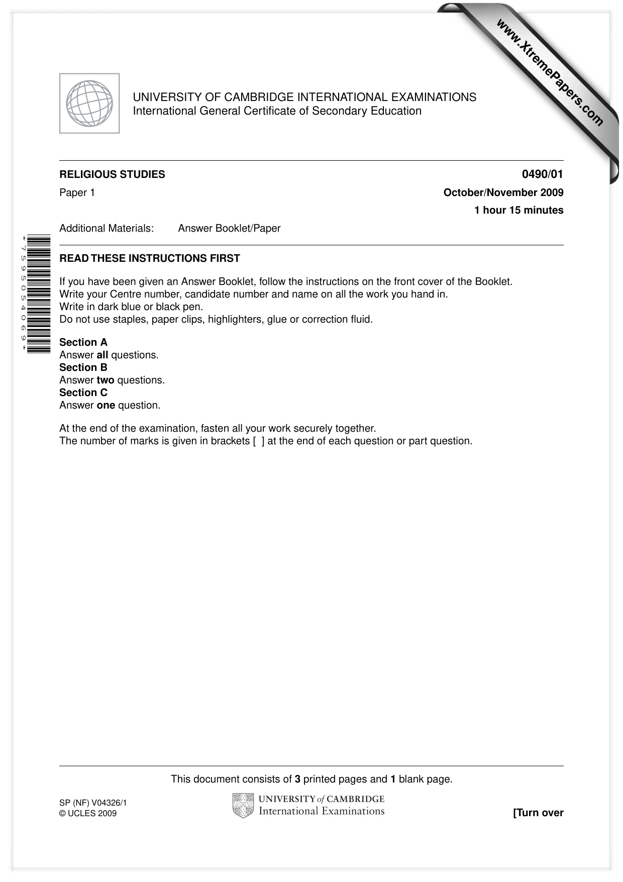 Cambridge IGCSE Religious Studies 0490 2009 Oct/Nov Paper 1 · Variant 1 question paper, page 1 of 4