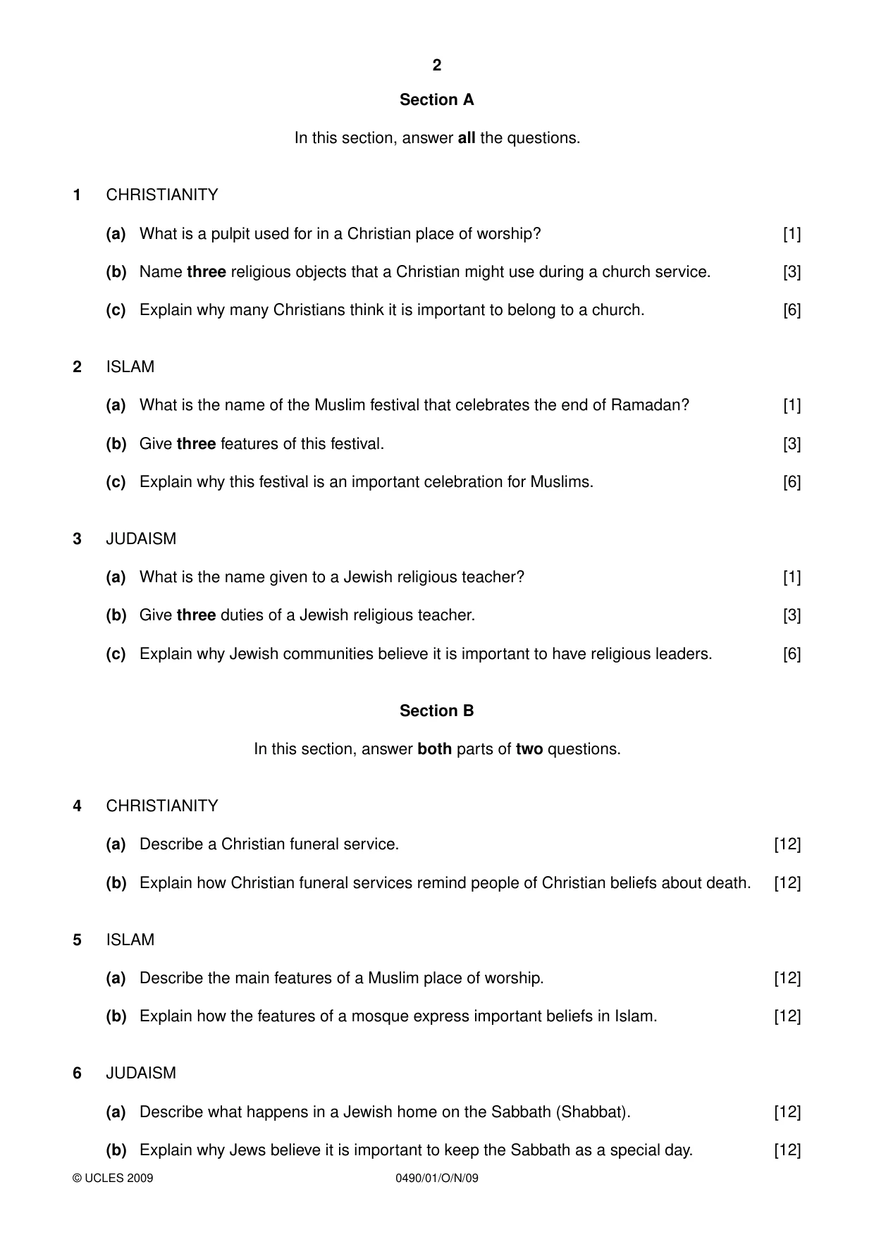 Cambridge IGCSE Religious Studies 0490 2009 Oct/Nov Paper 1 · Variant 1 question paper, page 2 of 4