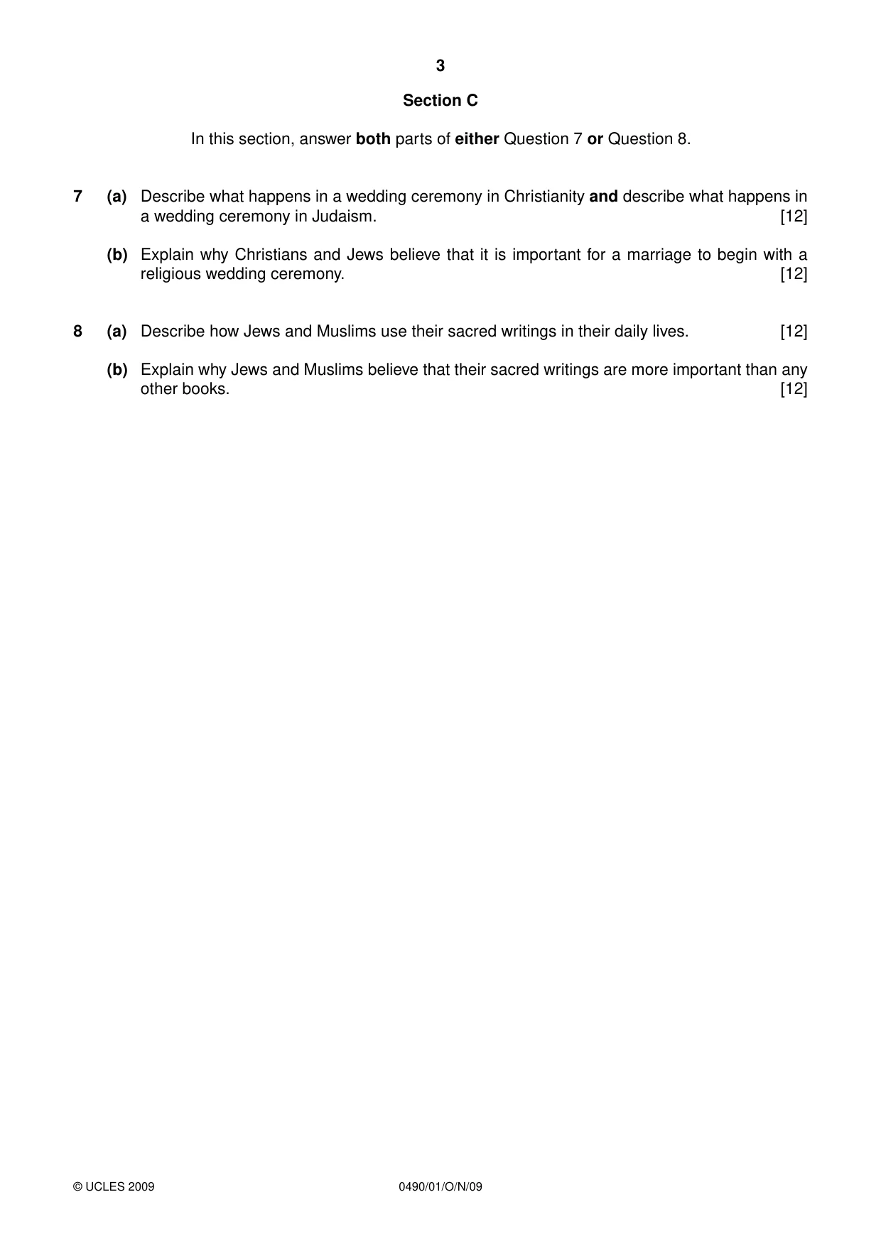 Cambridge IGCSE Religious Studies 0490 2009 Oct/Nov Paper 1 · Variant 1 question paper, page 3 of 4