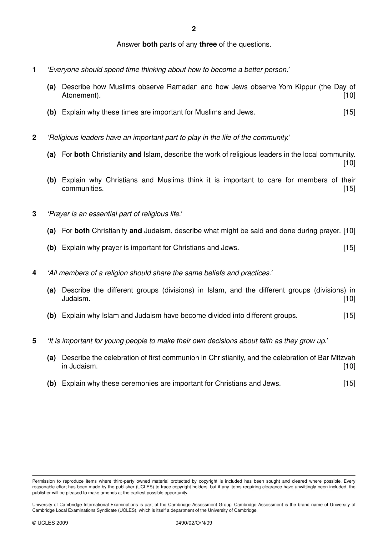Cambridge IGCSE Religious Studies 0490 2009 Oct/Nov Paper 2 · Variant 1 question paper, page 2 of 2