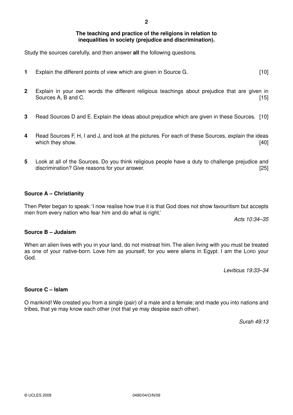Cambridge IGCSE Religious Studies 0490 2009 Oct/Nov Paper 4 · Variant 1 question paper, page 2 of 4