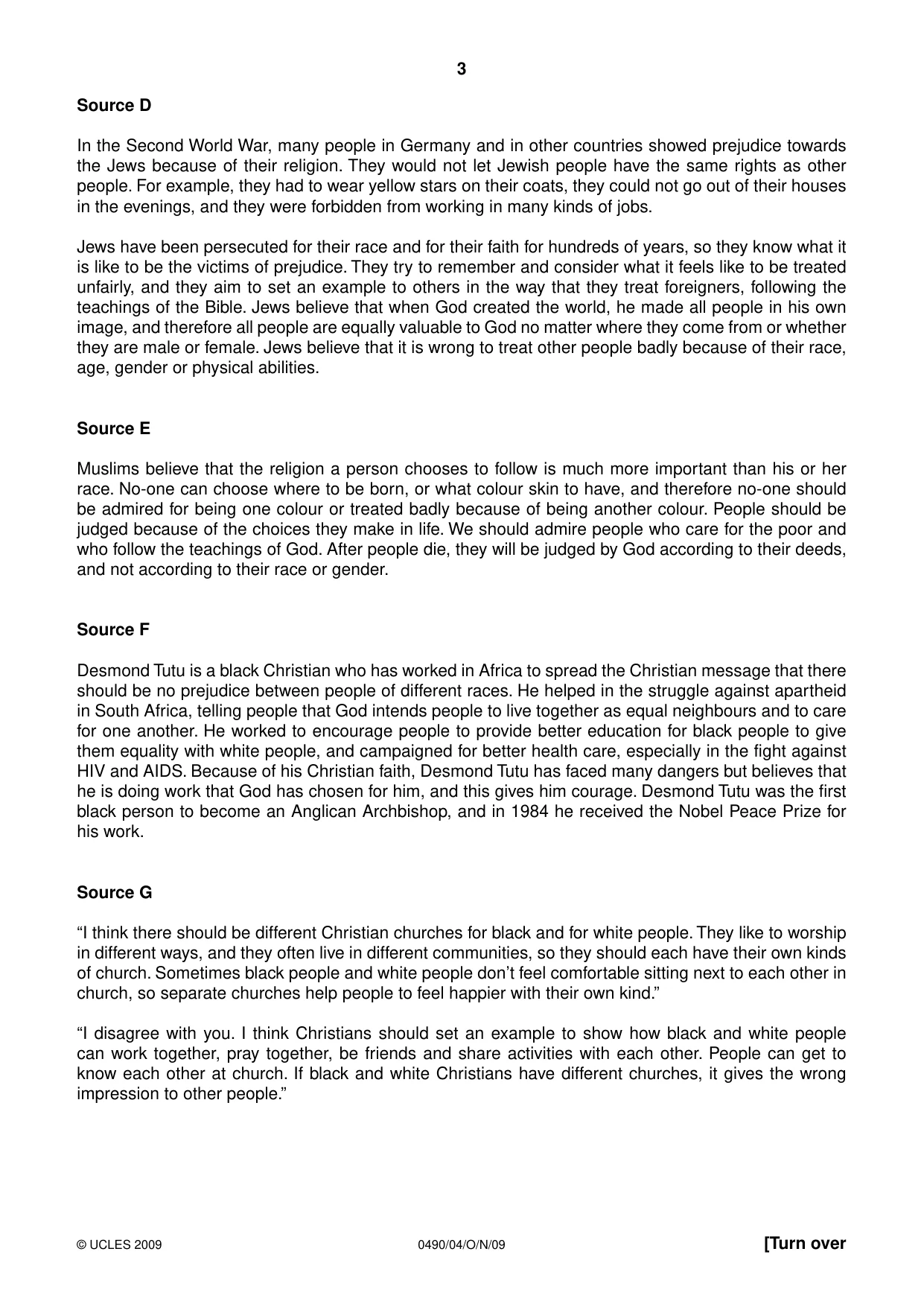 Cambridge IGCSE Religious Studies 0490 2009 Oct/Nov Paper 4 · Variant 1 question paper, page 3 of 4