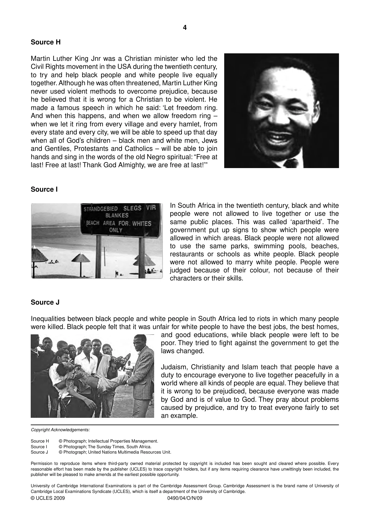Cambridge IGCSE Religious Studies 0490 2009 Oct/Nov Paper 4 · Variant 1 question paper, page 4 of 4