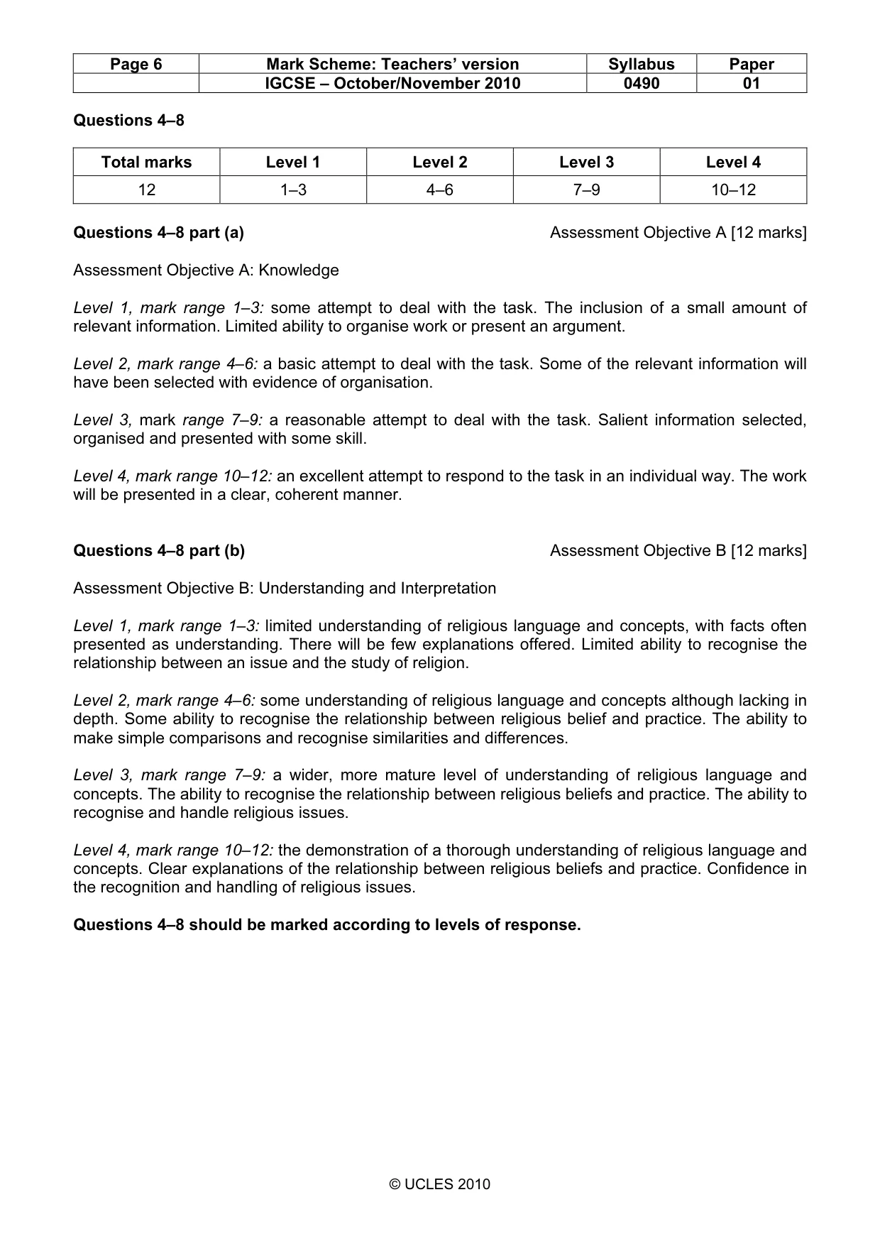 Mark scheme, page 6 of 10