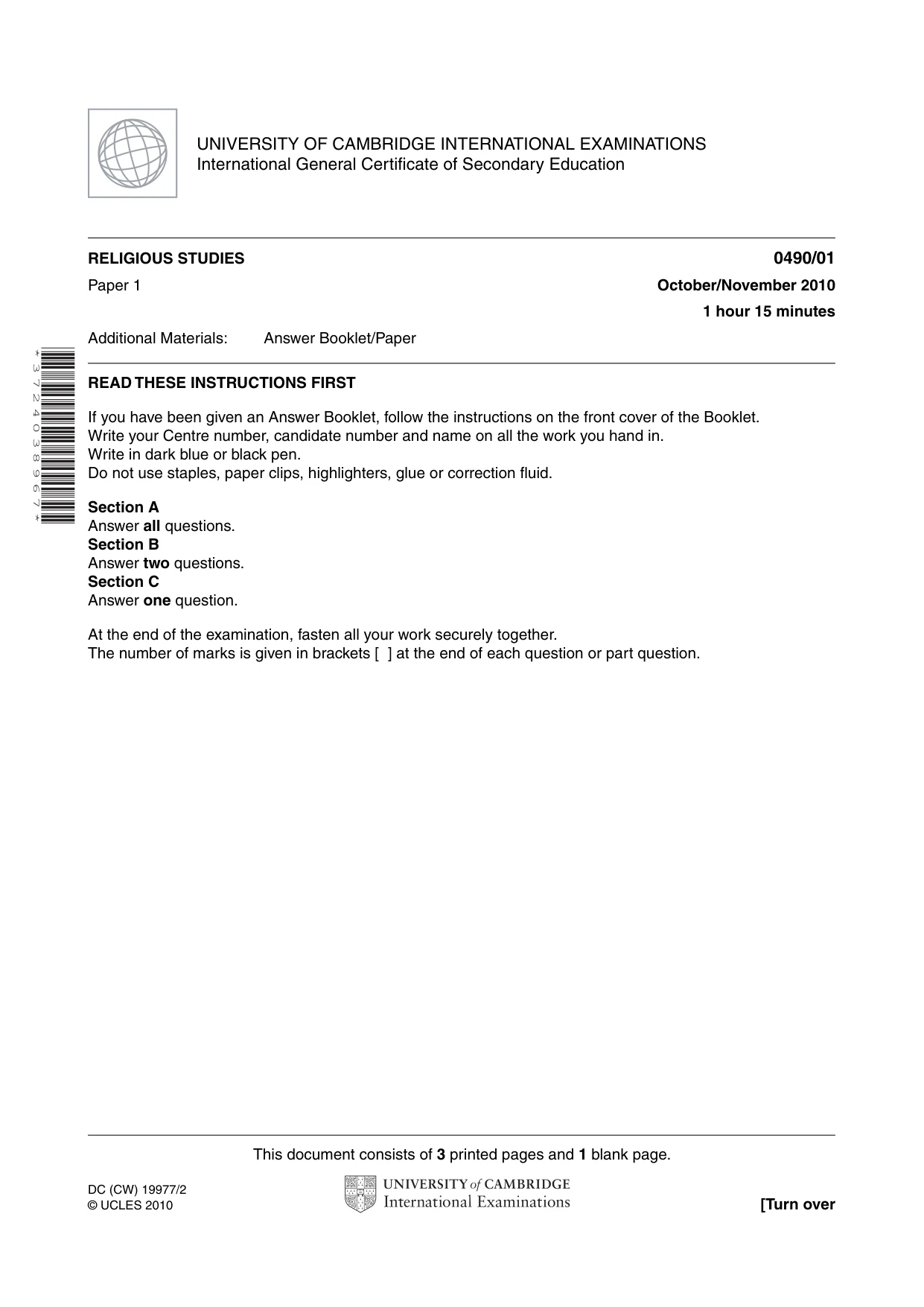 Cambridge IGCSE Religious Studies 0490 2010 Oct/Nov Paper 1 · Variant 1 question paper, page 1 of 4