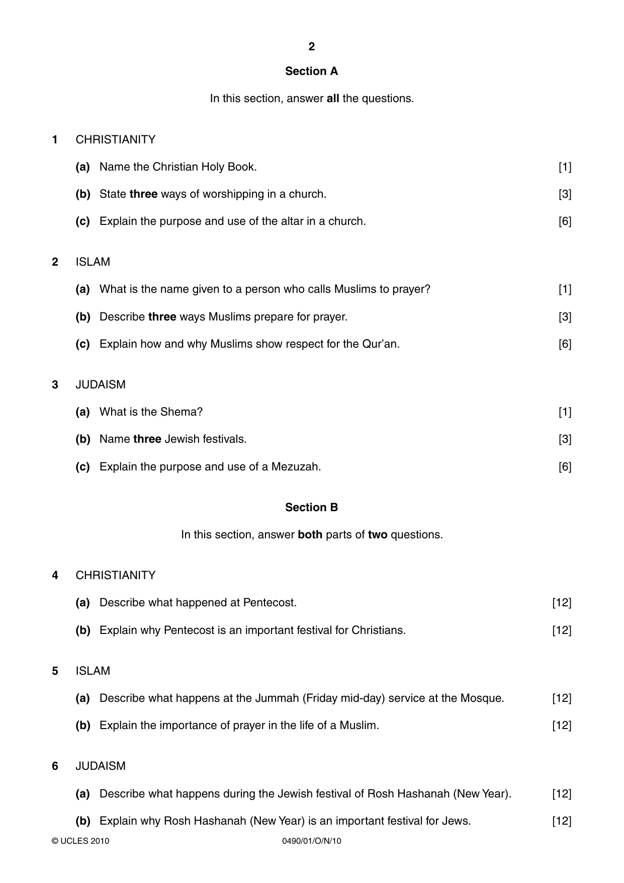 Cambridge IGCSE Religious Studies 0490 2010 Oct/Nov Paper 1 · Variant 1 question paper, page 2 of 4
