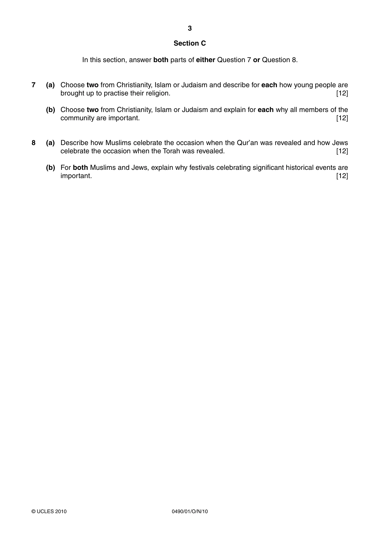 Cambridge IGCSE Religious Studies 0490 2010 Oct/Nov Paper 1 · Variant 1 question paper, page 3 of 4