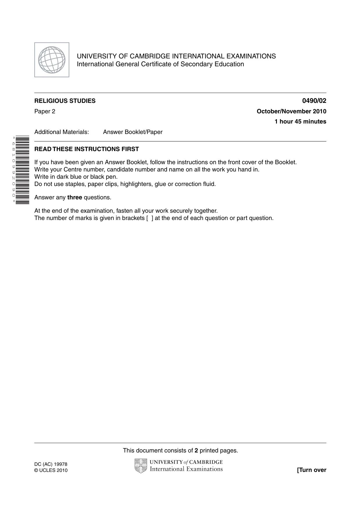Cambridge IGCSE Religious Studies 0490 2010 Oct/Nov Paper 2 · Variant 1 question paper, page 1 of 2
