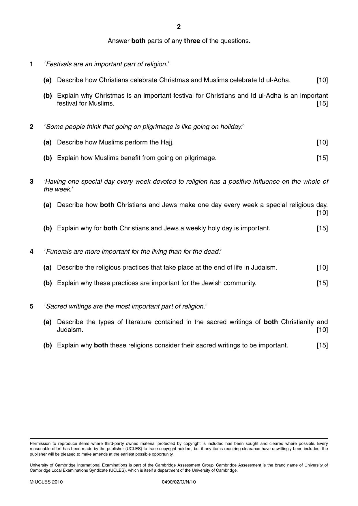 Cambridge IGCSE Religious Studies 0490 2010 Oct/Nov Paper 2 · Variant 1 question paper, page 2 of 2