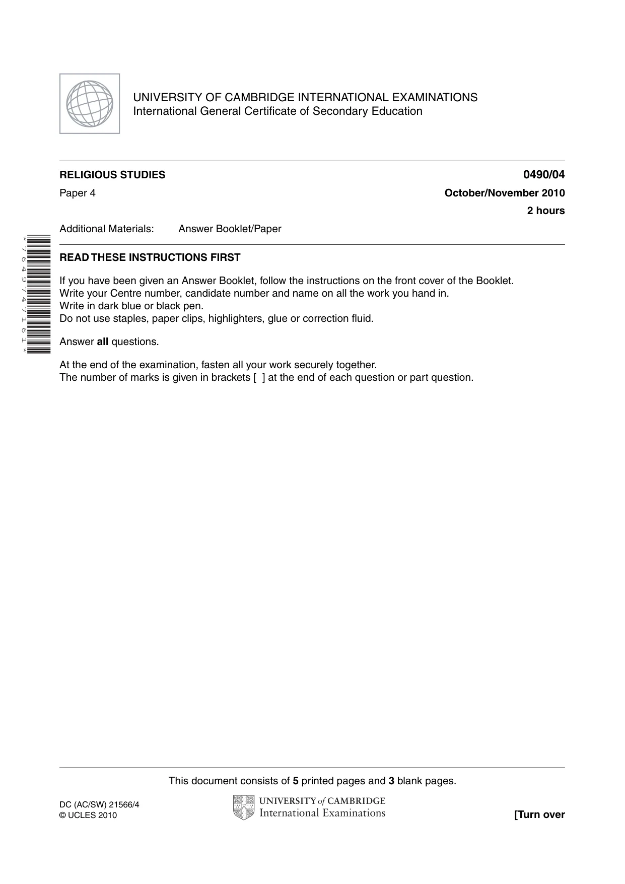 Cambridge IGCSE Religious Studies 0490 2010 Oct/Nov Paper 4 · Variant 1 question paper, page 1 of 8