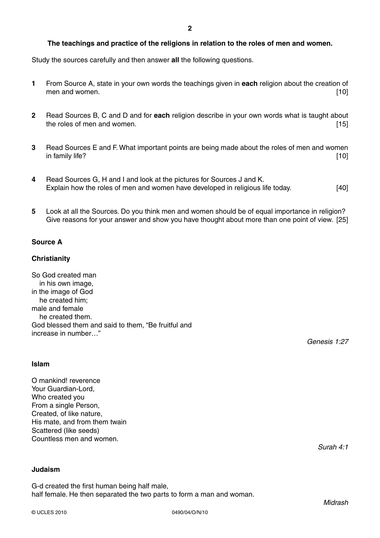 Cambridge IGCSE Religious Studies 0490 2010 Oct/Nov Paper 4 · Variant 1 question paper, page 2 of 8
