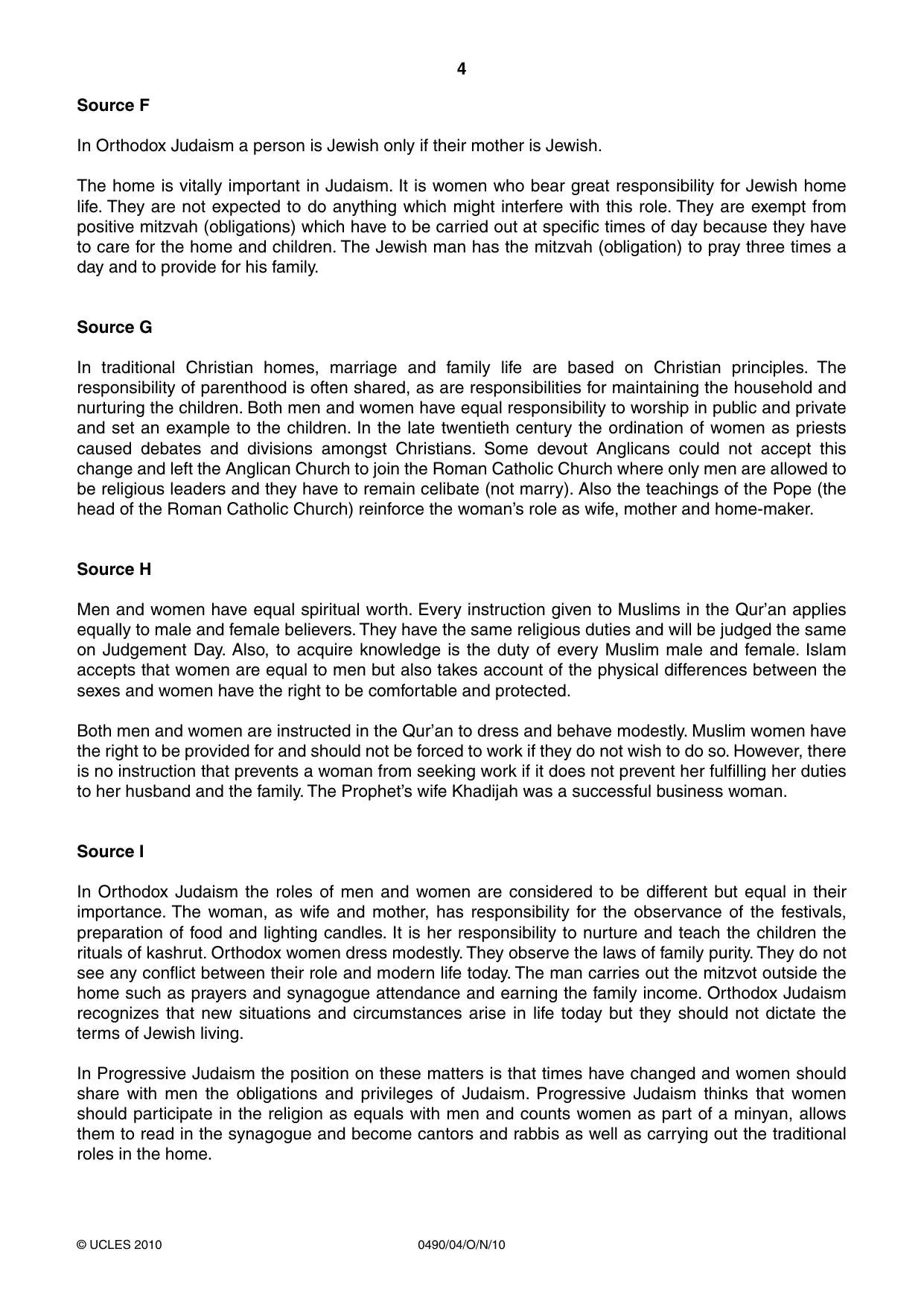 Cambridge IGCSE Religious Studies 0490 2010 Oct/Nov Paper 4 · Variant 1 question paper, page 4 of 8