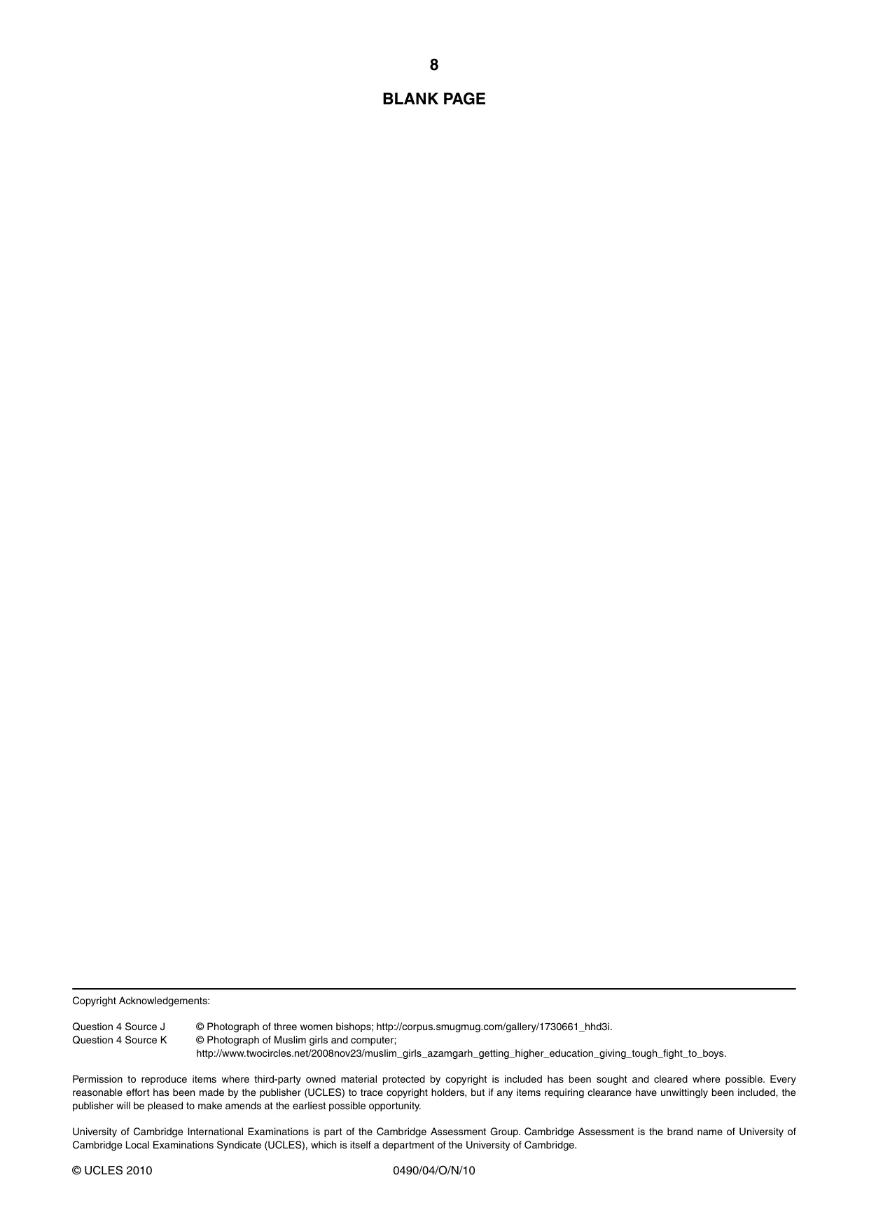 Cambridge IGCSE Religious Studies 0490 2010 Oct/Nov Paper 4 · Variant 1 question paper, page 8 of 8