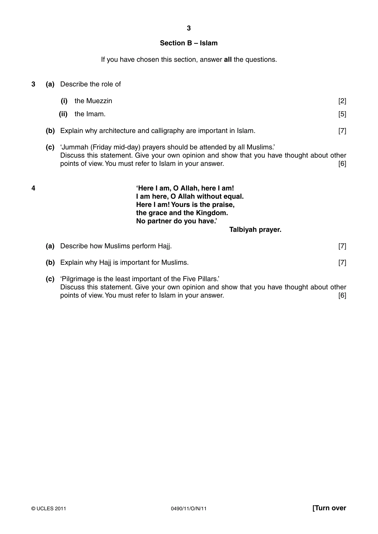 Cambridge IGCSE Religious Studies 0490 2011 Oct/Nov Paper 1 · Variant 1 question paper, page 3 of 4