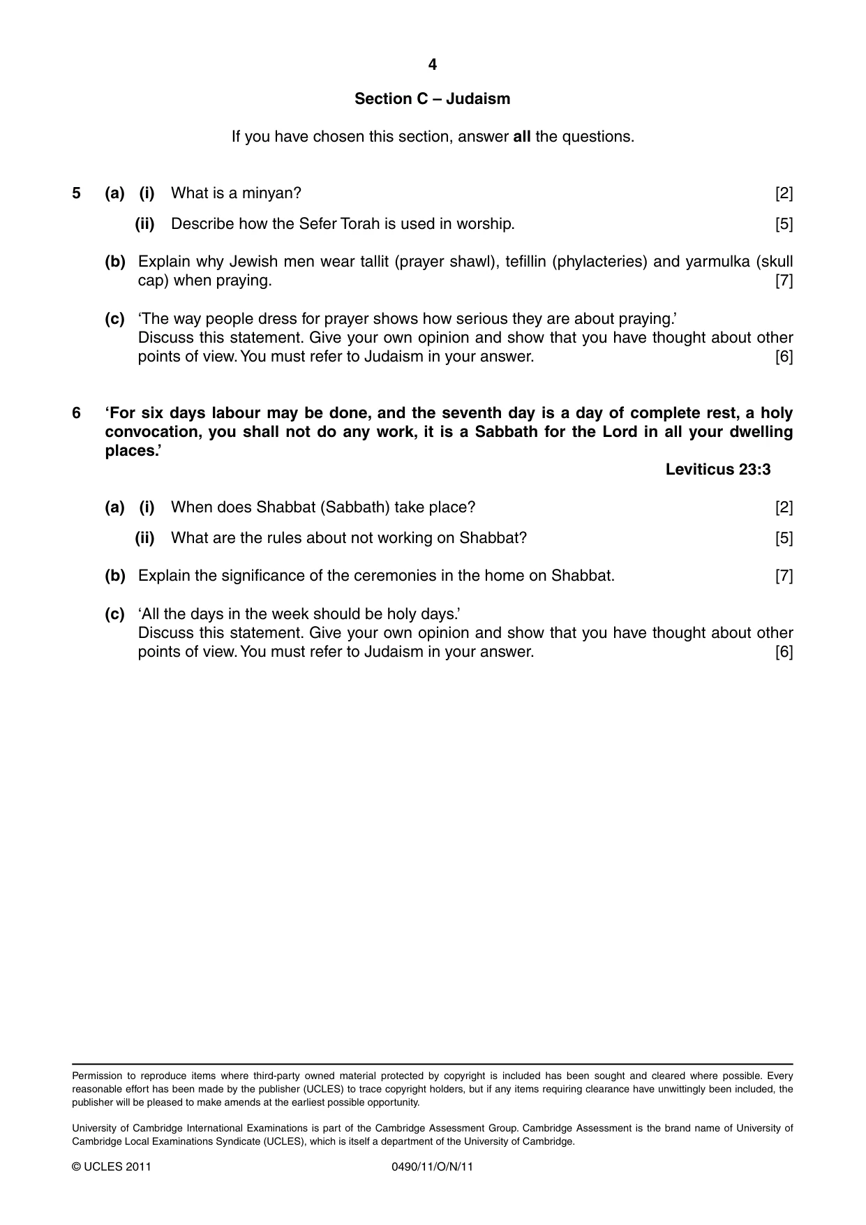 Cambridge IGCSE Religious Studies 0490 2011 Oct/Nov Paper 1 · Variant 1 question paper, page 4 of 4