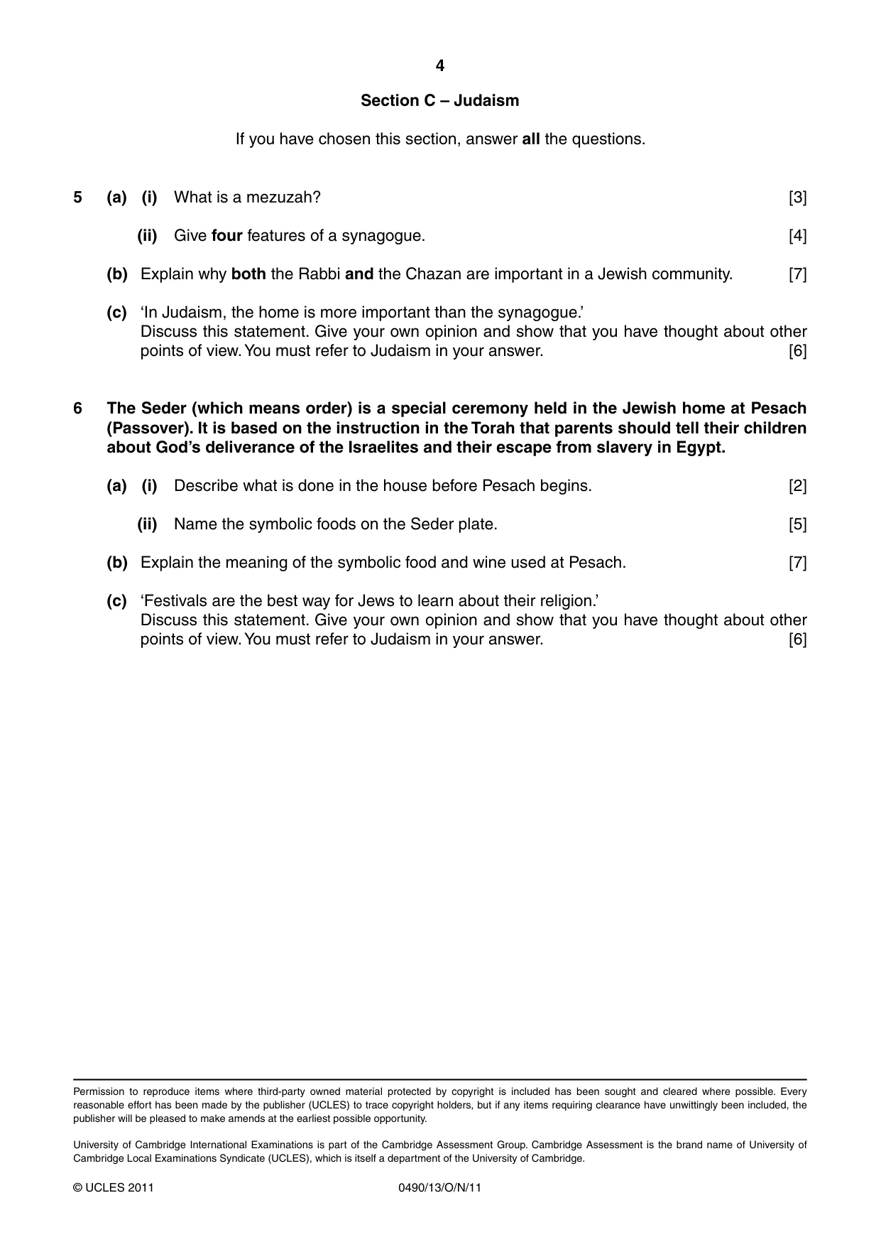Cambridge IGCSE Religious Studies 0490 2011 Oct/Nov Paper 1 · Variant 3 question paper, page 4 of 4