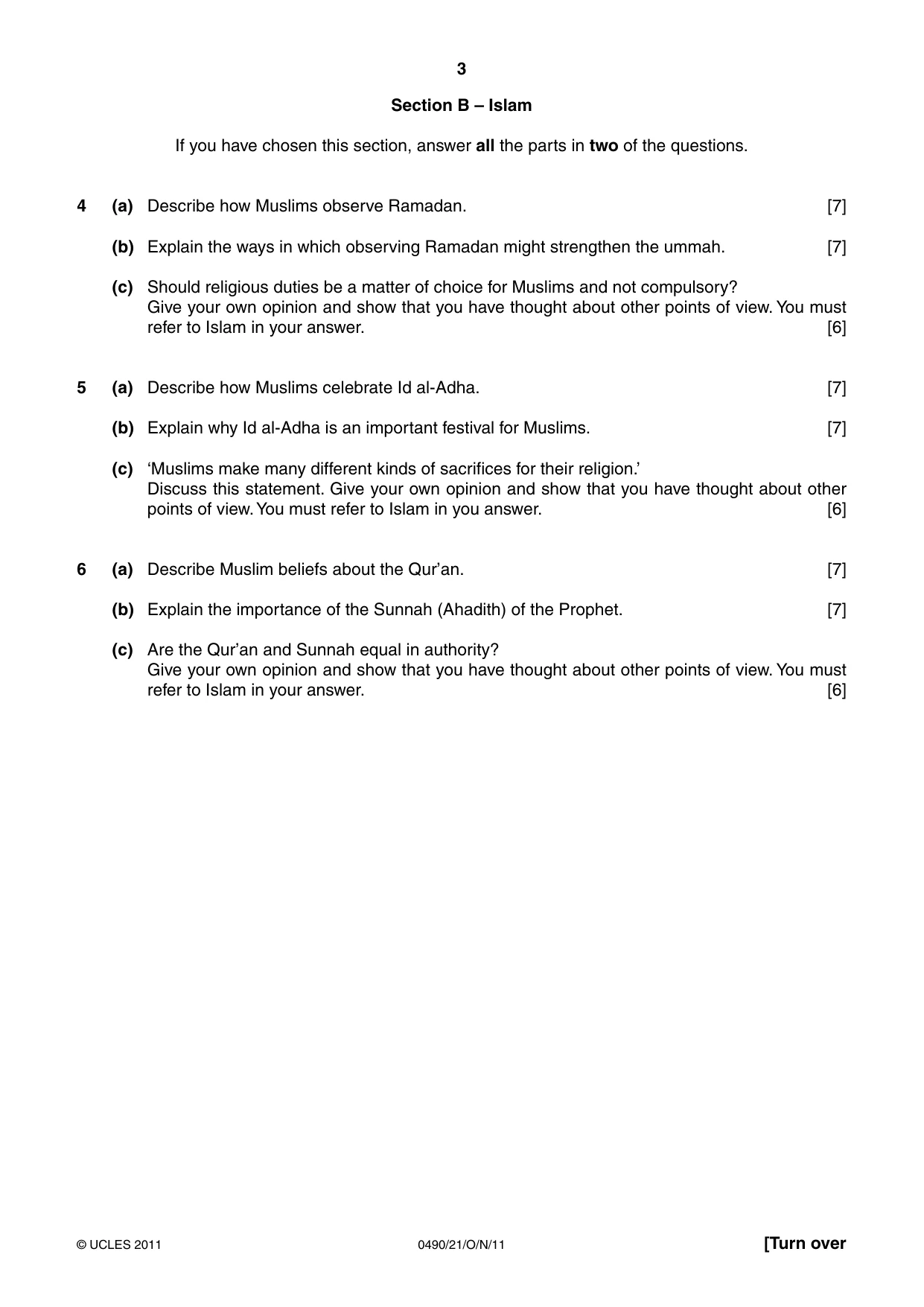 Cambridge IGCSE Religious Studies 0490 2011 Oct/Nov Paper 2 · Variant 1 question paper, page 3 of 4