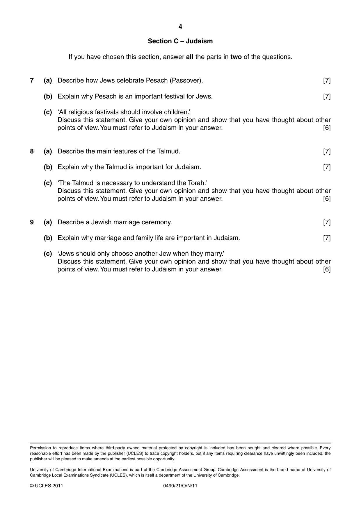Cambridge IGCSE Religious Studies 0490 2011 Oct/Nov Paper 2 · Variant 1 question paper, page 4 of 4