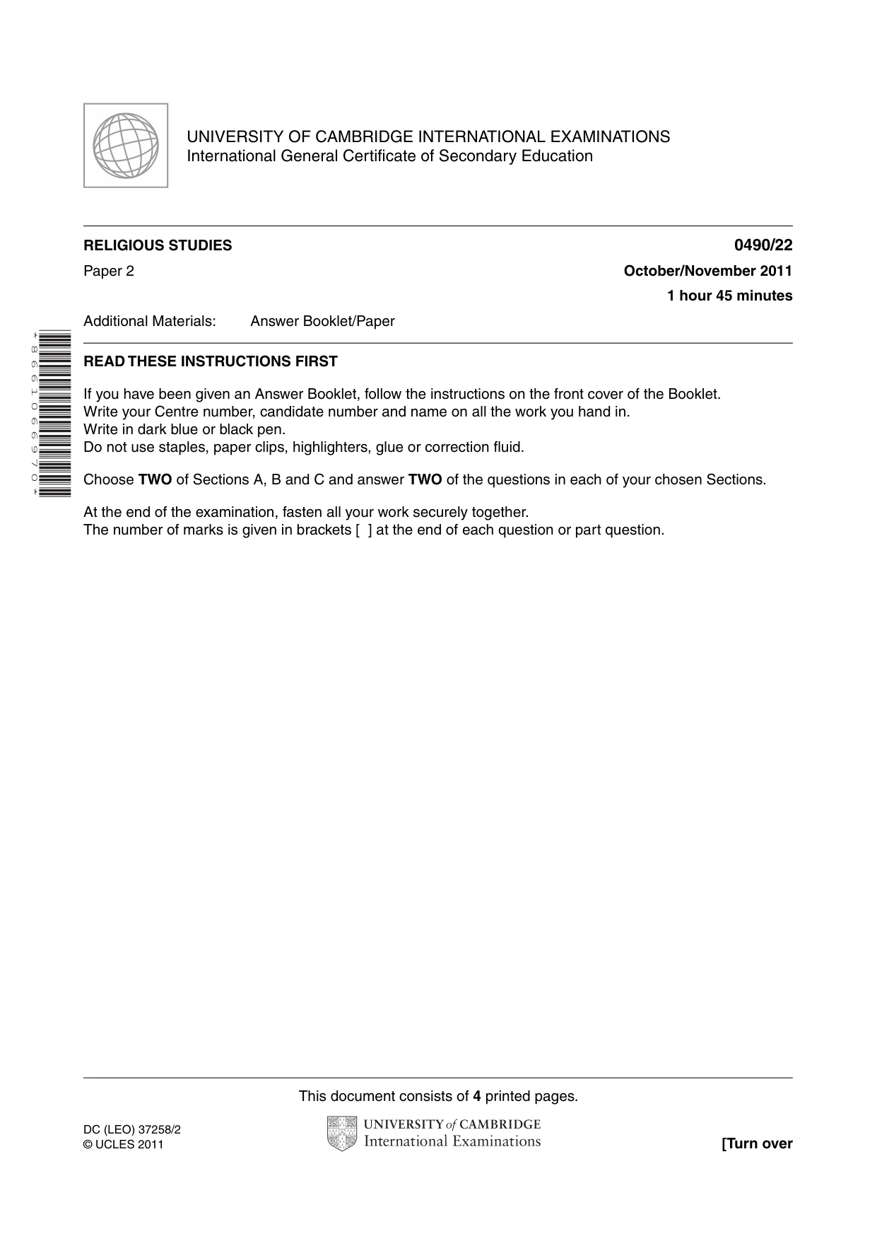 Cambridge IGCSE Religious Studies 0490 2011 Oct/Nov Paper 2 · Variant 2 question paper, page 1 of 4