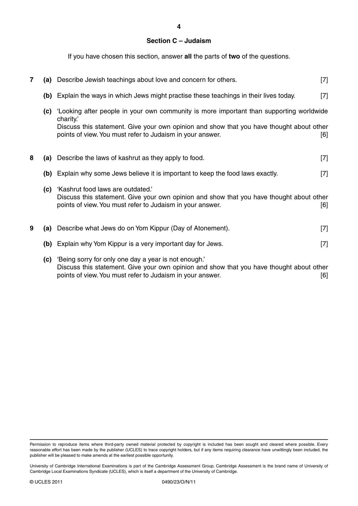 Cambridge IGCSE Religious Studies 0490 2011 Oct/Nov Paper 2 · Variant 3 question paper, page 4 of 4