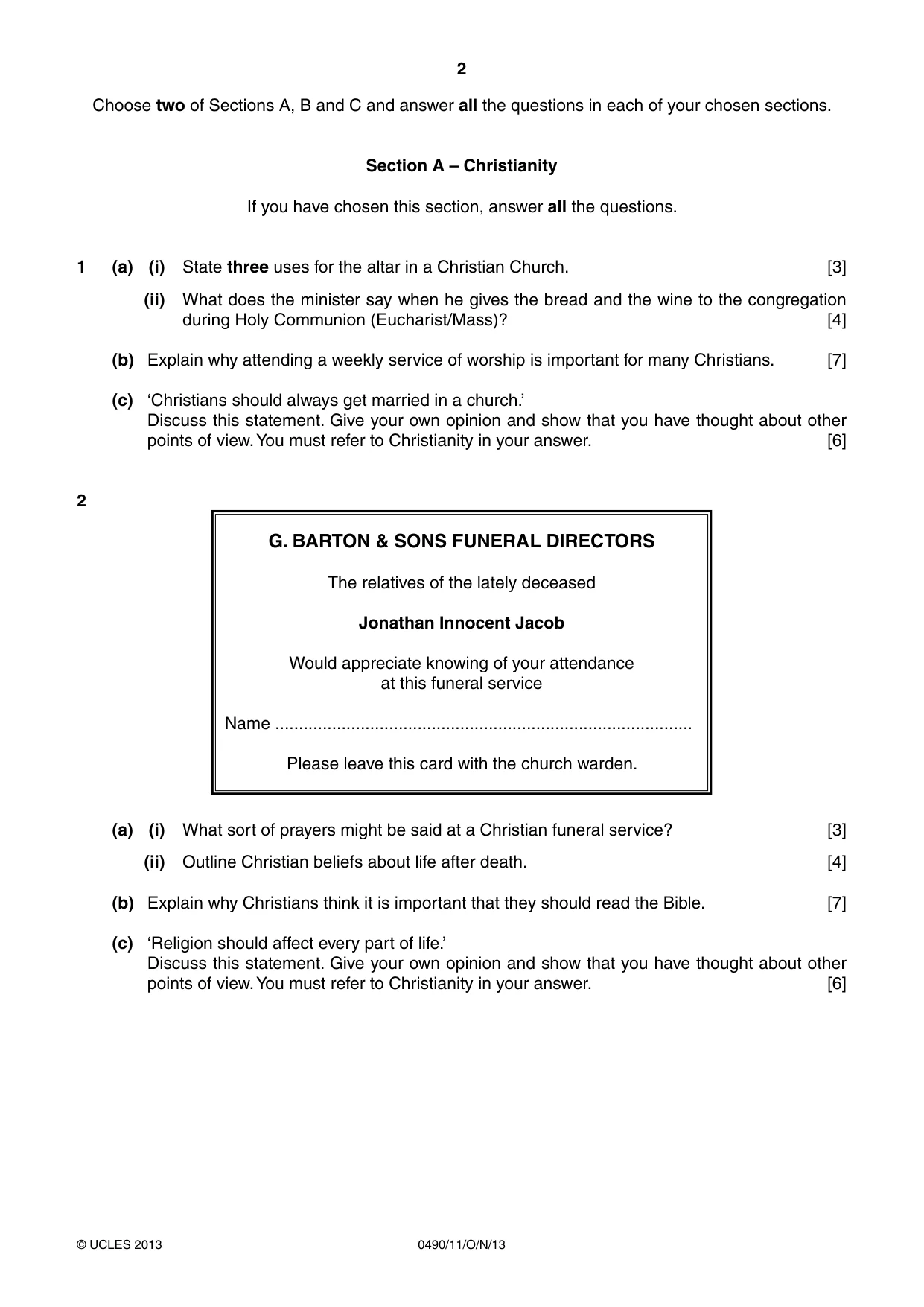 Cambridge IGCSE Religious Studies 0490 2013 Oct/Nov Paper 1 · Variant 1 question paper, page 2 of 4