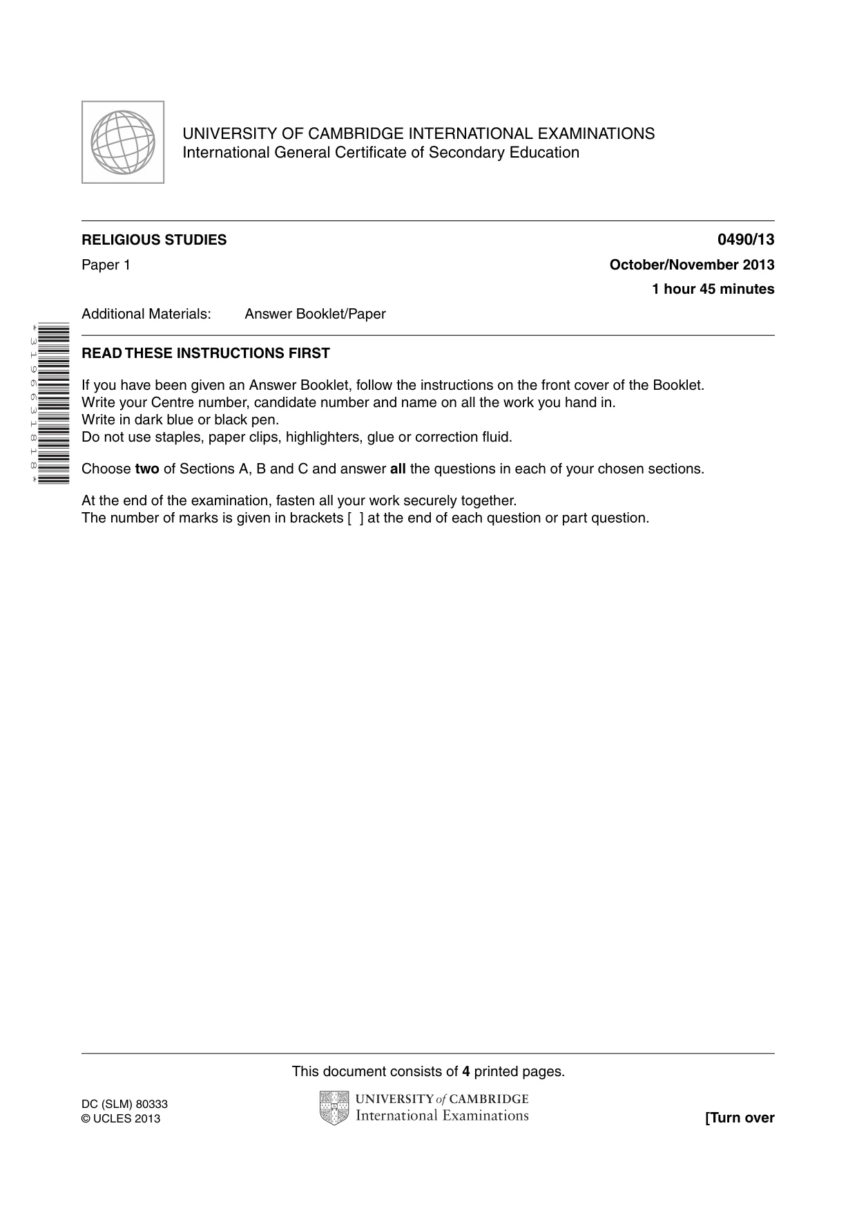 Cambridge IGCSE Religious Studies 0490 2013 Oct/Nov Paper 1 · Variant 3 question paper, page 1 of 4