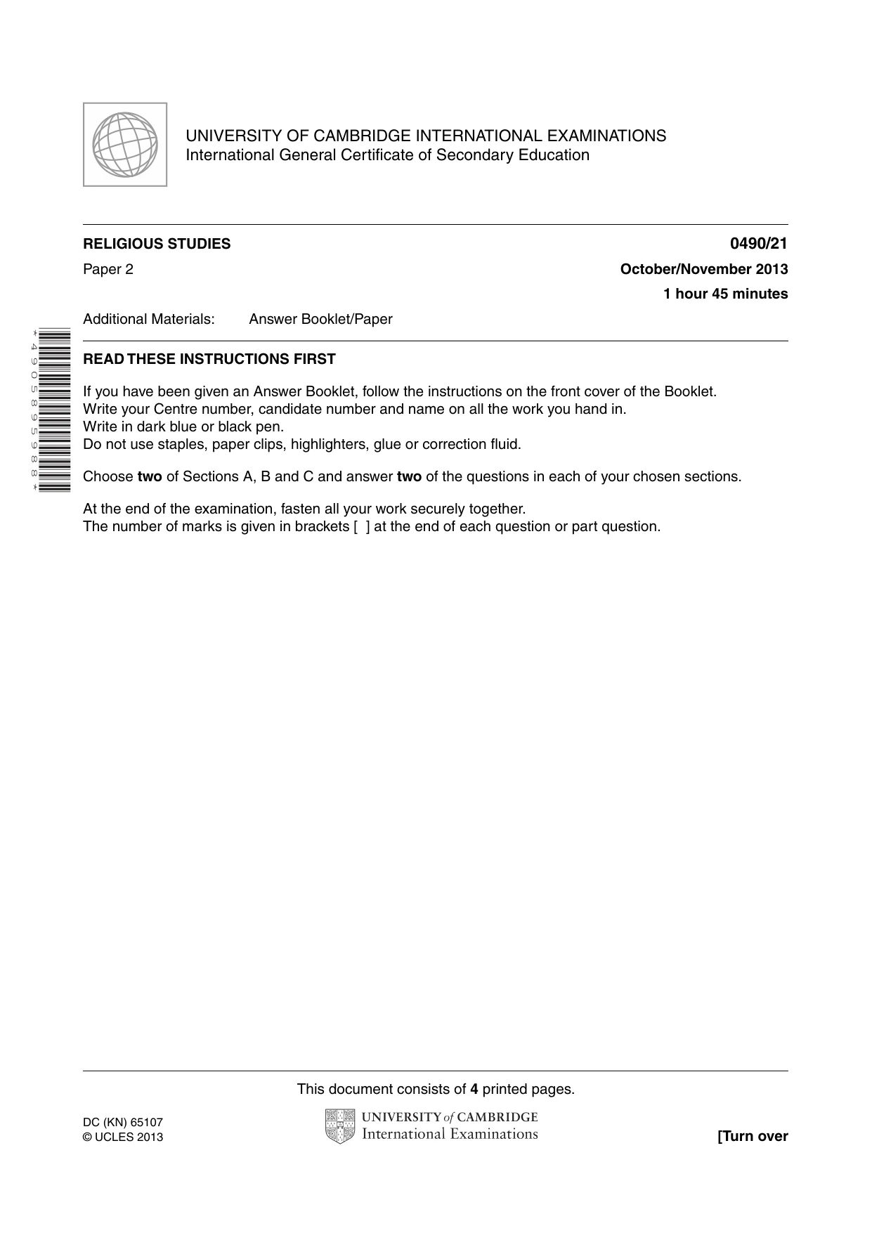 Cambridge IGCSE Religious Studies 0490 2013 Oct/Nov Paper 2 · Variant 1 question paper, page 1 of 4