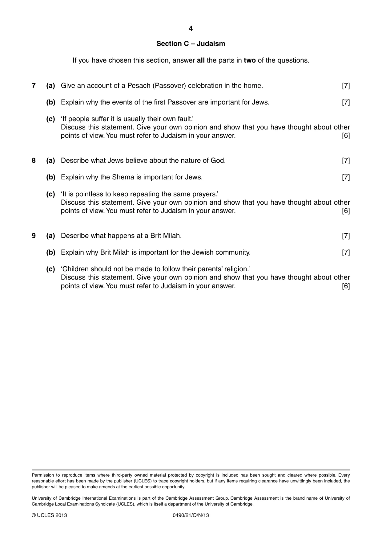 Cambridge IGCSE Religious Studies 0490 2013 Oct/Nov Paper 2 · Variant 1 question paper, page 4 of 4