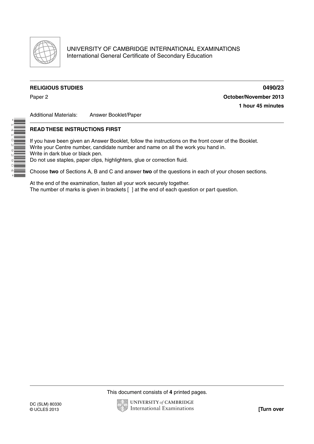 Cambridge IGCSE Religious Studies 0490 2013 Oct/Nov Paper 2 · Variant 3 question paper, page 1 of 4