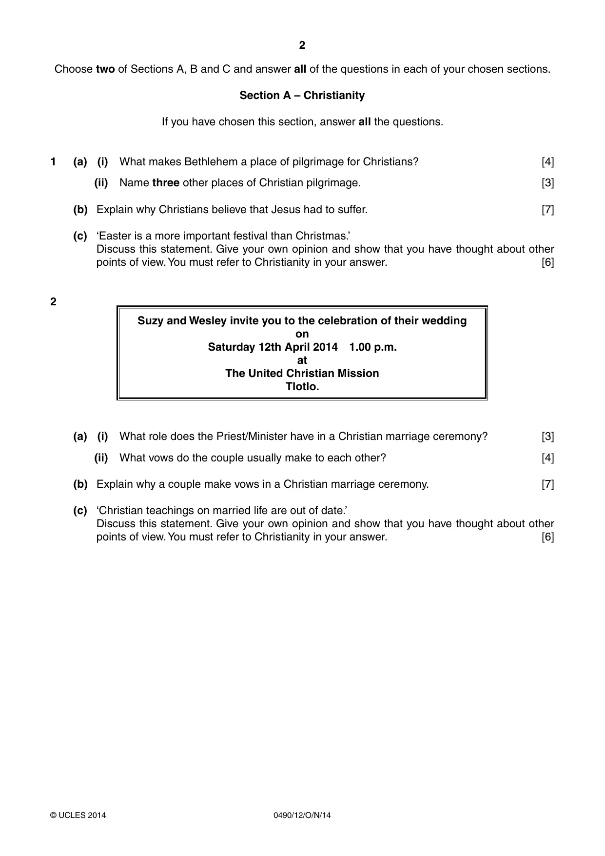 Cambridge IGCSE Religious Studies 0490 2014 Oct/Nov Paper 1 · Variant 2 question paper, page 2 of 4