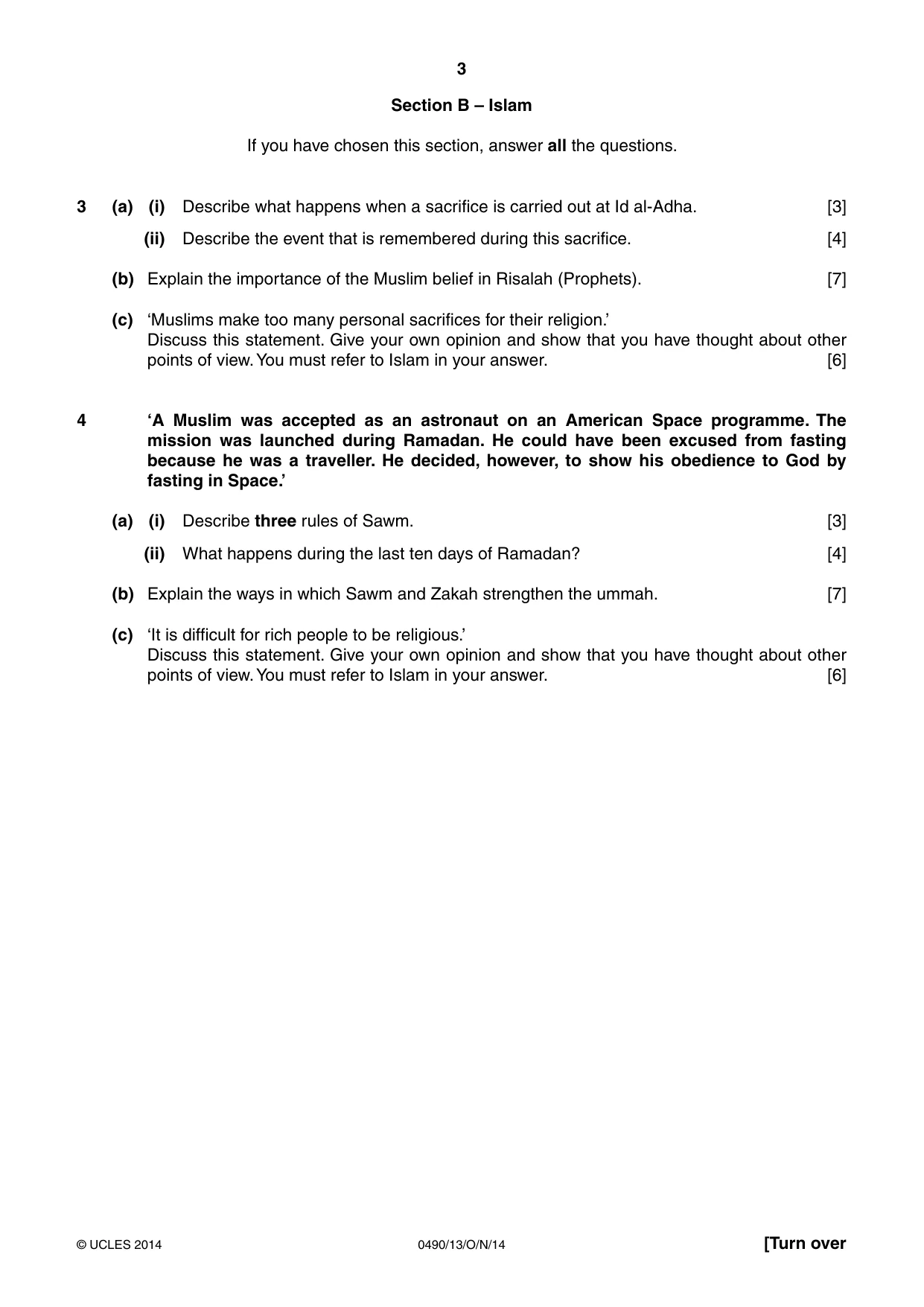 Cambridge IGCSE Religious Studies 0490 2014 Oct/Nov Paper 1 · Variant 3 question paper, page 3 of 4