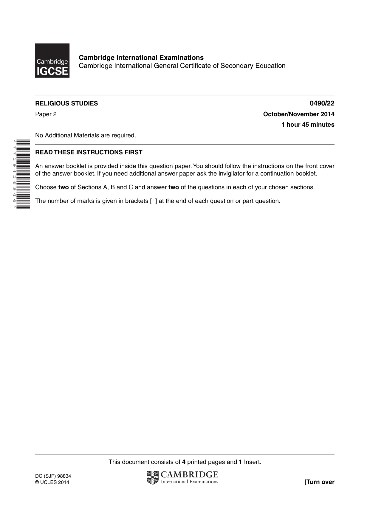 Cambridge IGCSE Religious Studies 0490 2014 Oct/Nov Paper 2 · Variant 2 question paper, page 1 of 4