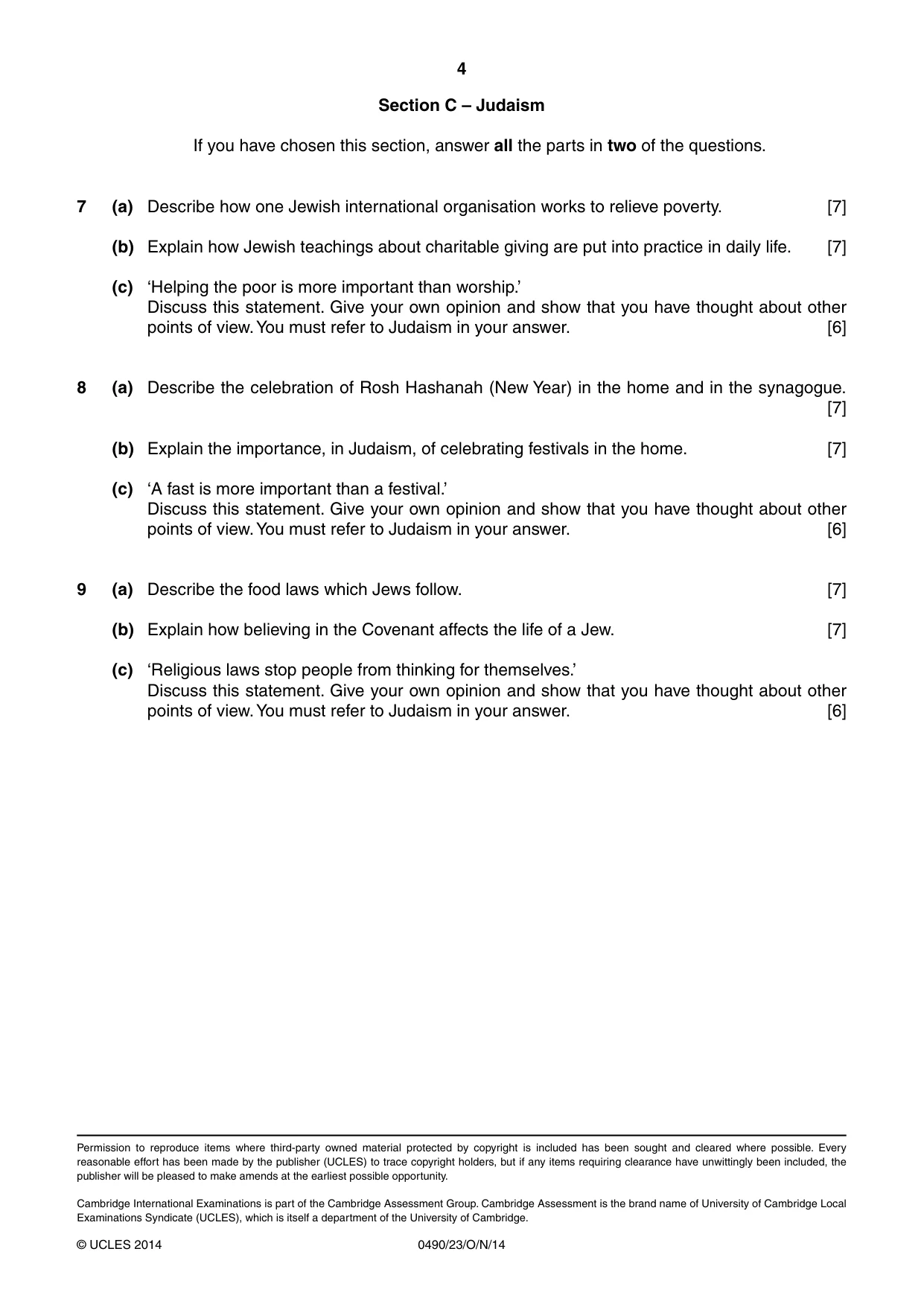 Cambridge IGCSE Religious Studies 0490 2014 Oct/Nov Paper 2 · Variant 3 question paper, page 4 of 4
