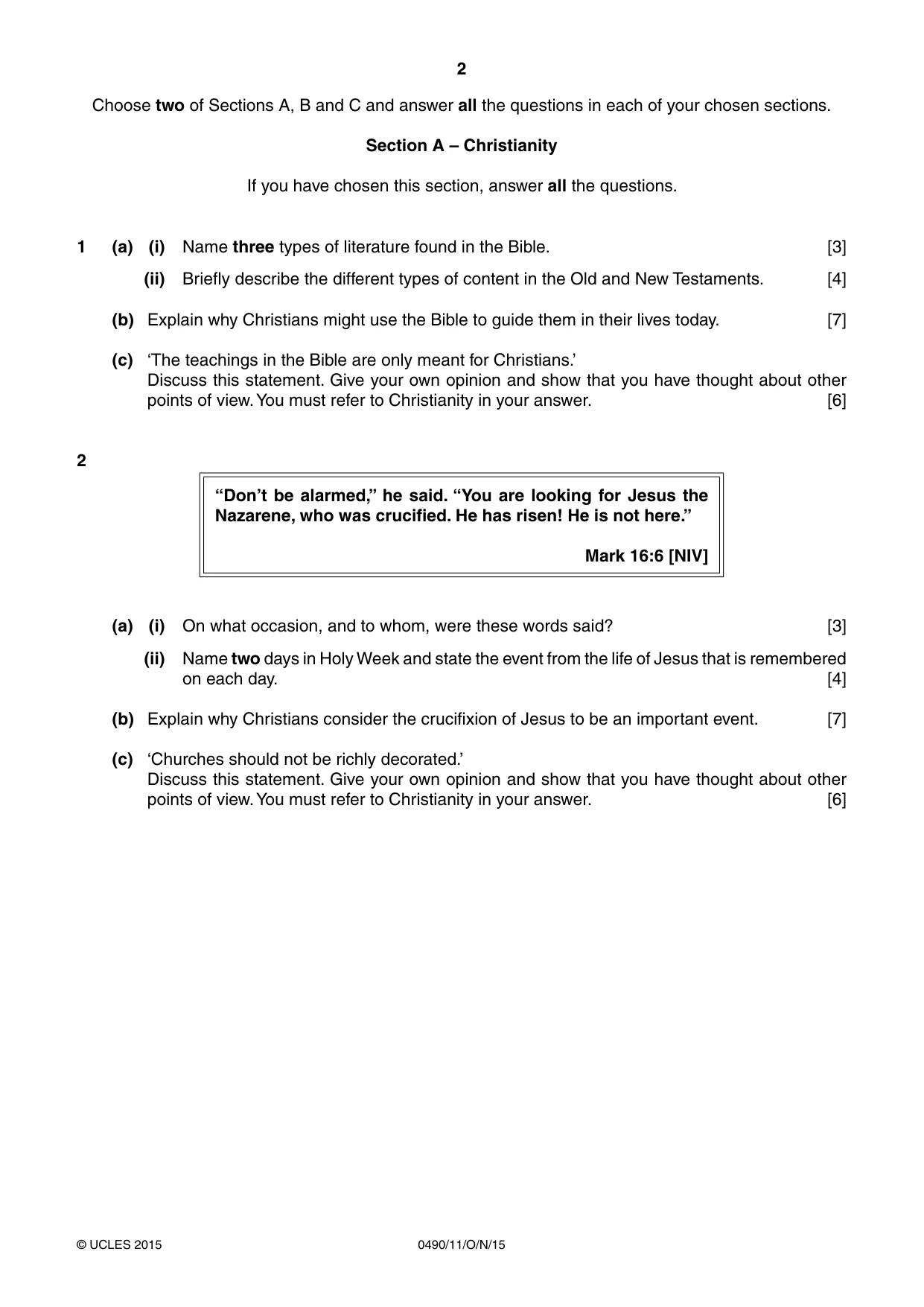Cambridge IGCSE Religious Studies 0490 2015 Oct/Nov Paper 1 · Variant 1 question paper, page 2 of 4
