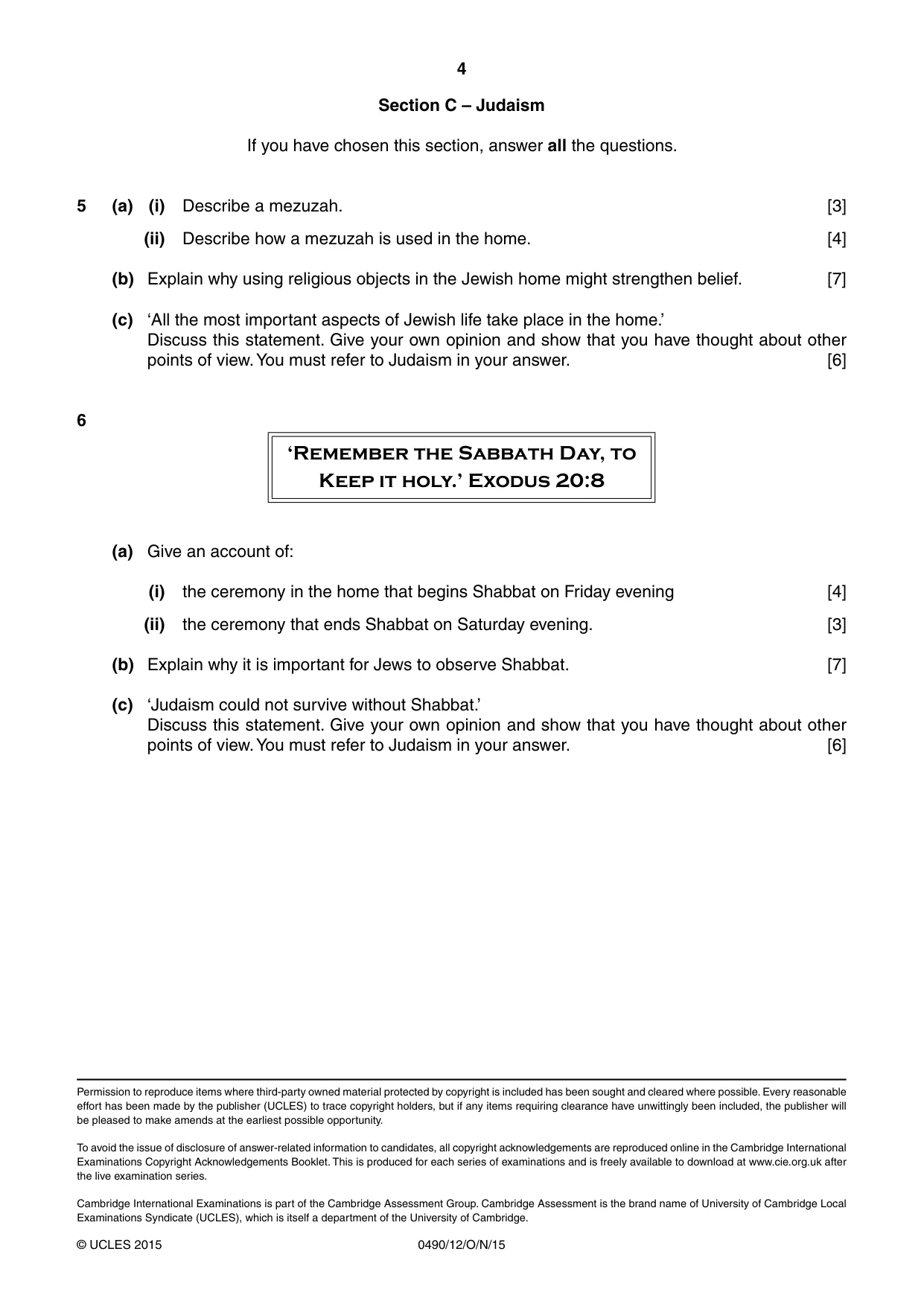 Cambridge IGCSE Religious Studies 0490 2015 Oct/Nov Paper 1 · Variant 2 question paper, page 4 of 4