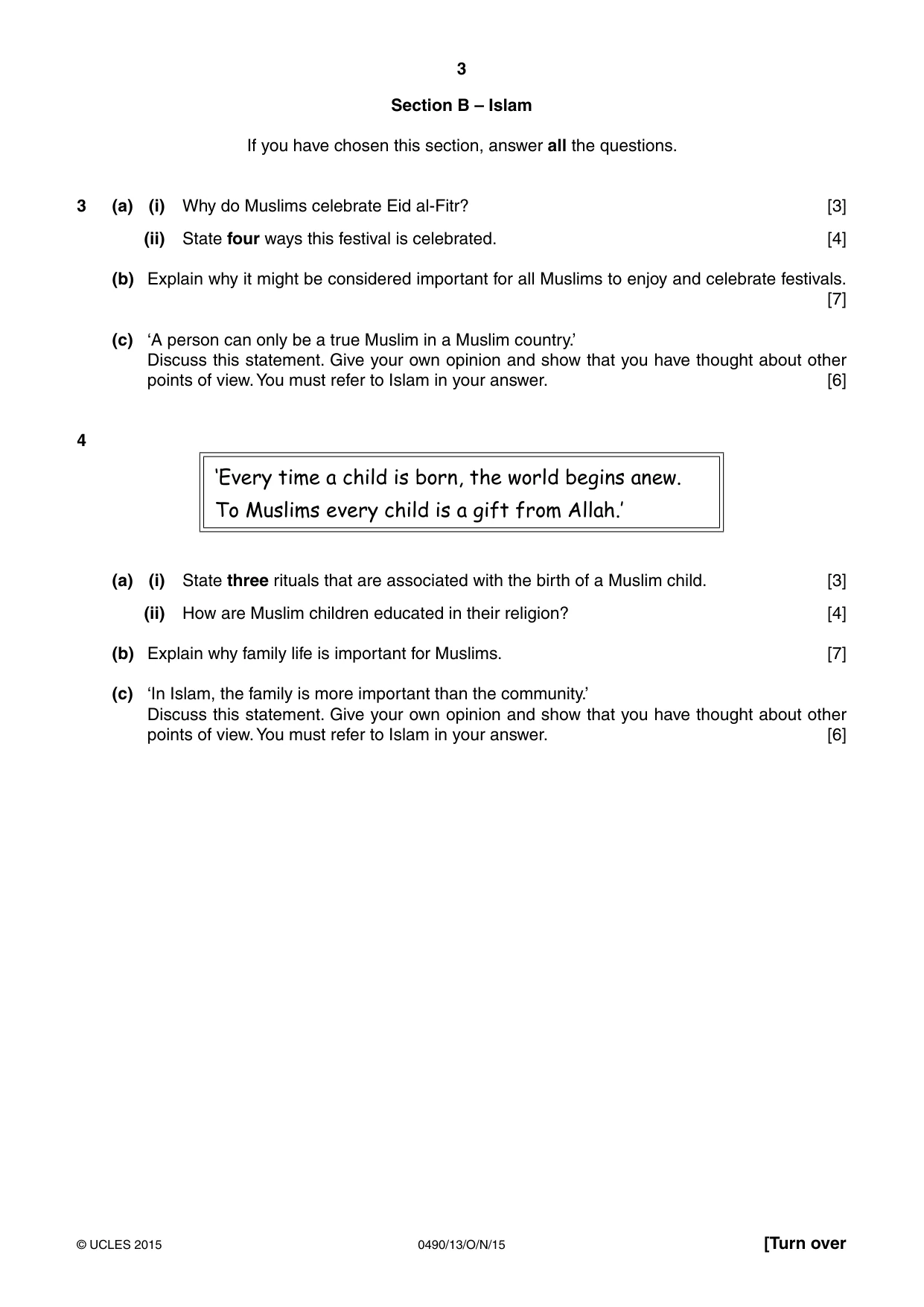 Cambridge IGCSE Religious Studies 0490 2015 Oct/Nov Paper 1 · Variant 3 question paper, page 3 of 4