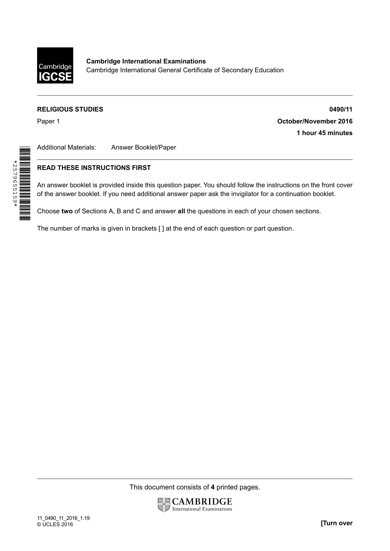 Cambridge IGCSE Religious Studies 0490 2016 Oct/Nov Paper 1 · Variant 1 question paper, page 1 of 4