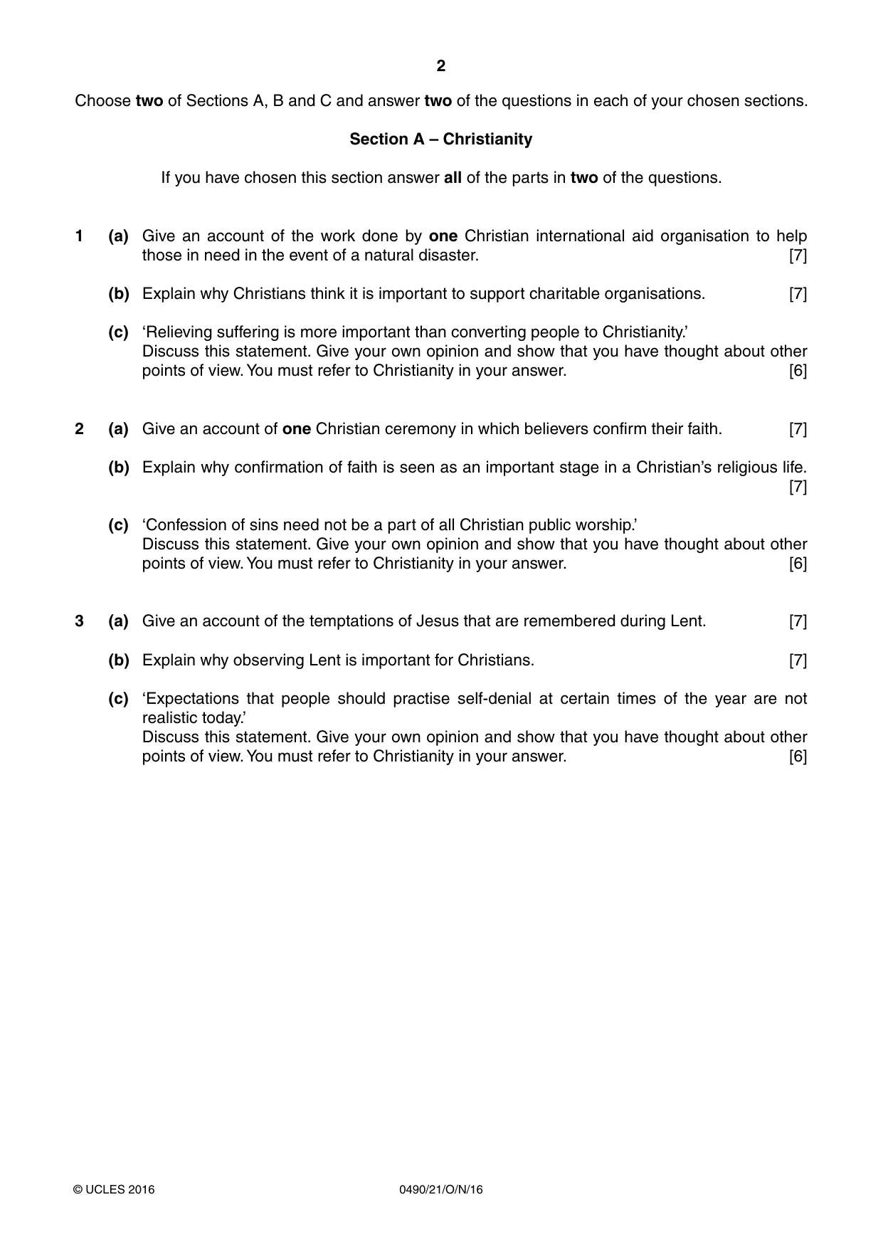 Cambridge IGCSE Religious Studies 0490 2016 Oct/Nov Paper 2 · Variant 1 question paper, page 2 of 4