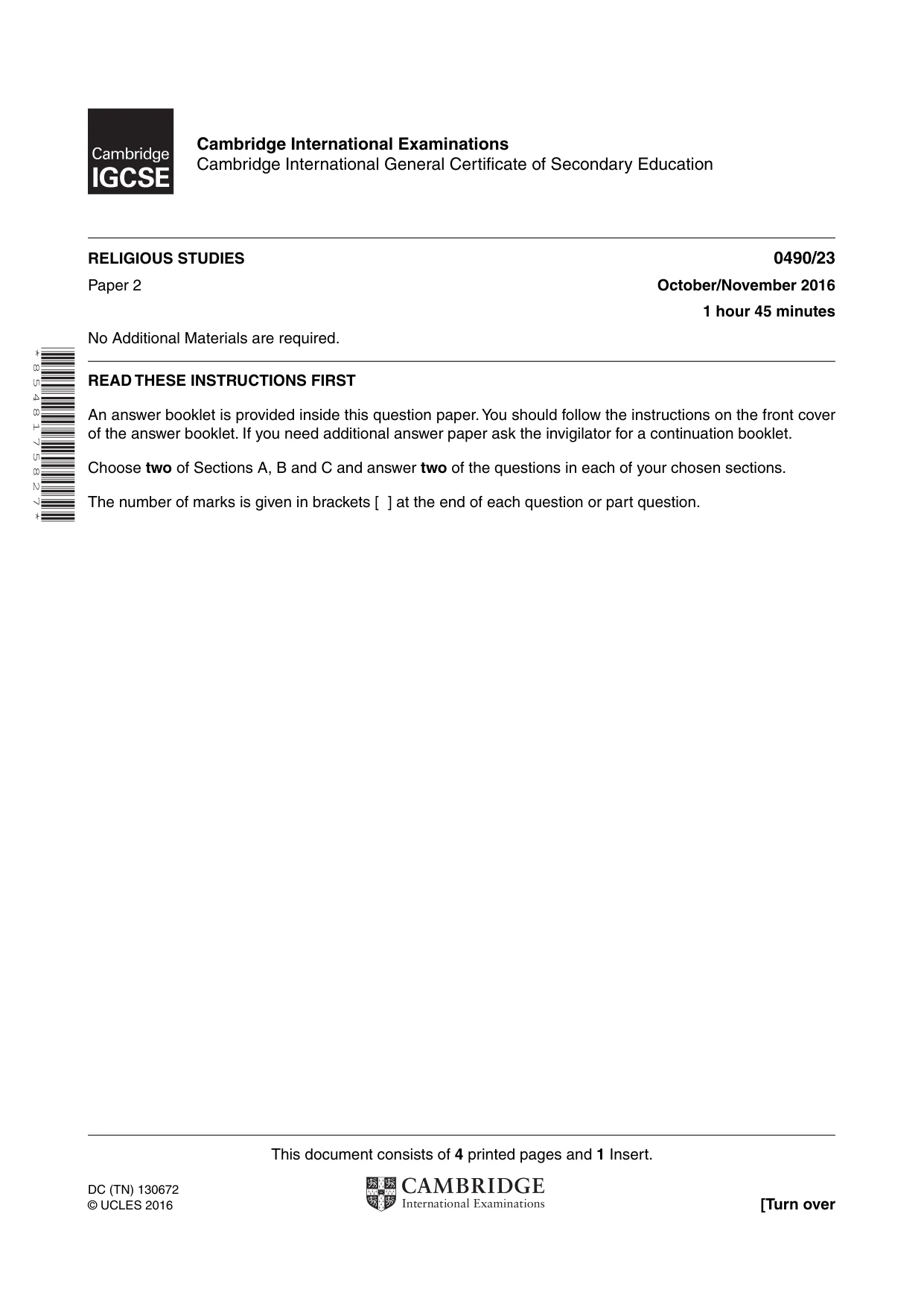 Cambridge IGCSE Religious Studies 0490 2016 Oct/Nov Paper 2 · Variant 3 question paper, page 1 of 4